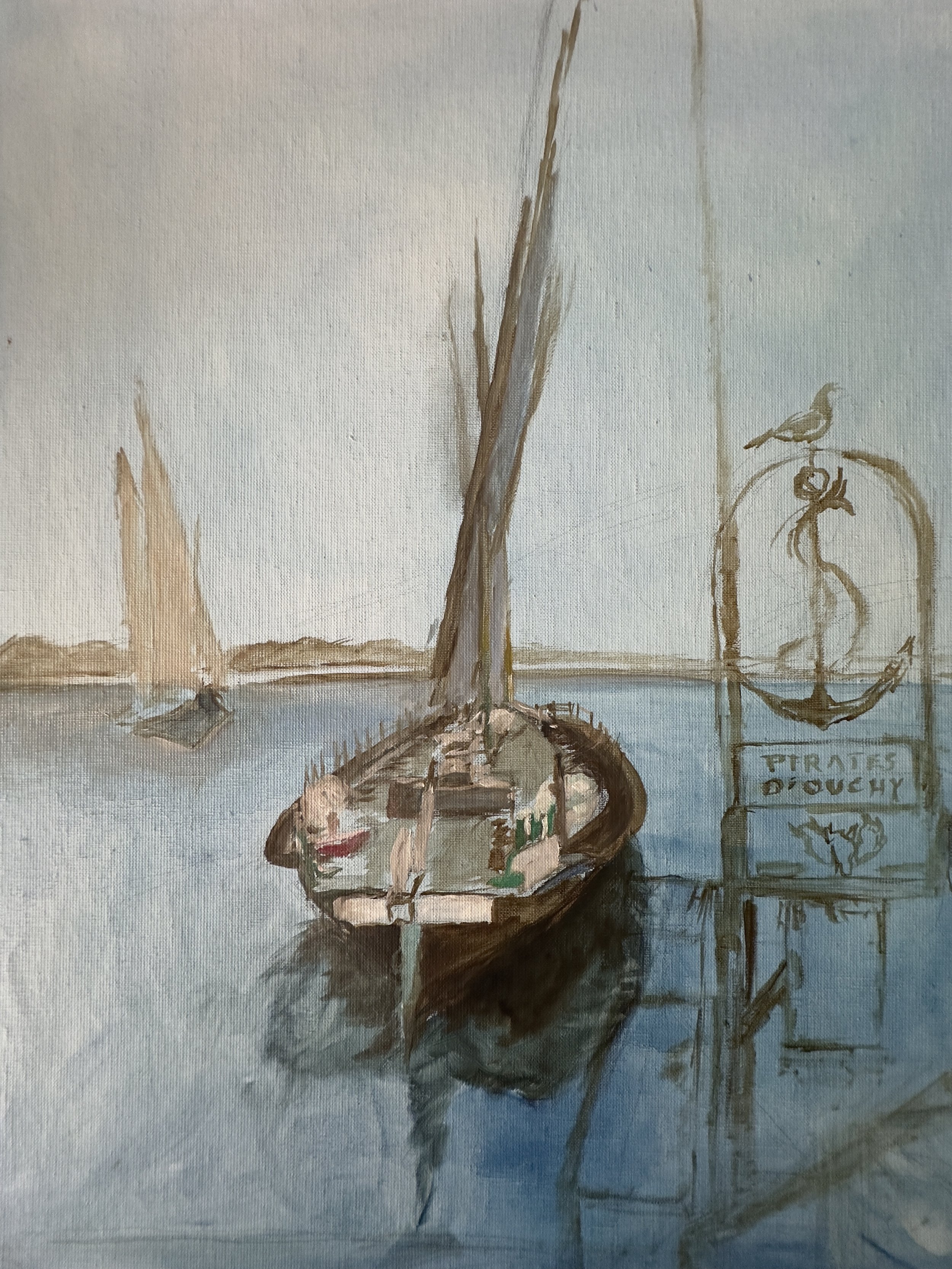 A watercolor painting of a small sailboat with a white sail sailing on blue water, a tree on a small island with a bird perched on its branch, and a sign that reads 'Pirates Digue' in the background.
