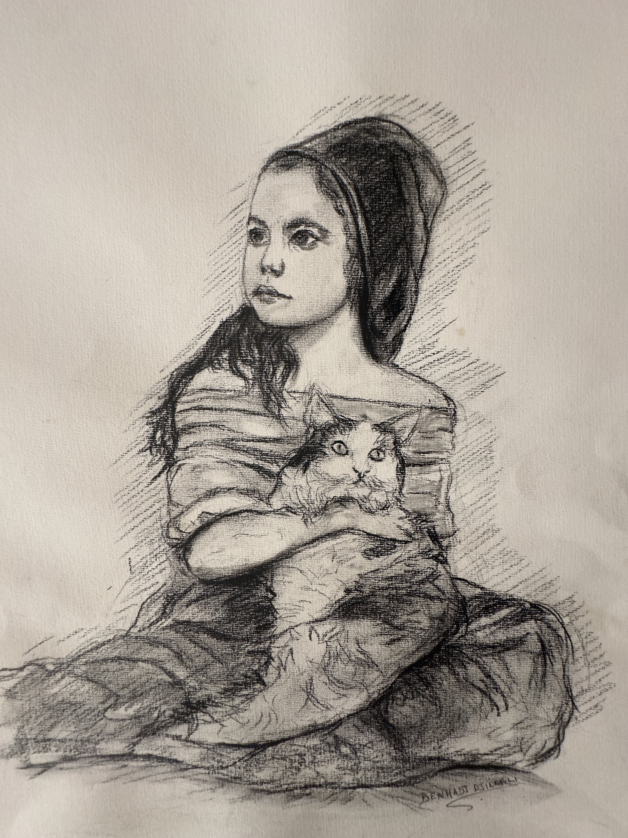 A detailed black and white pencil sketch of a young girl with long hair, holding a fluffy cat. The girl has a calm expression, and the cat appears relaxed in her arms. The sketch is signed by the artist, Denhadi Dileon.