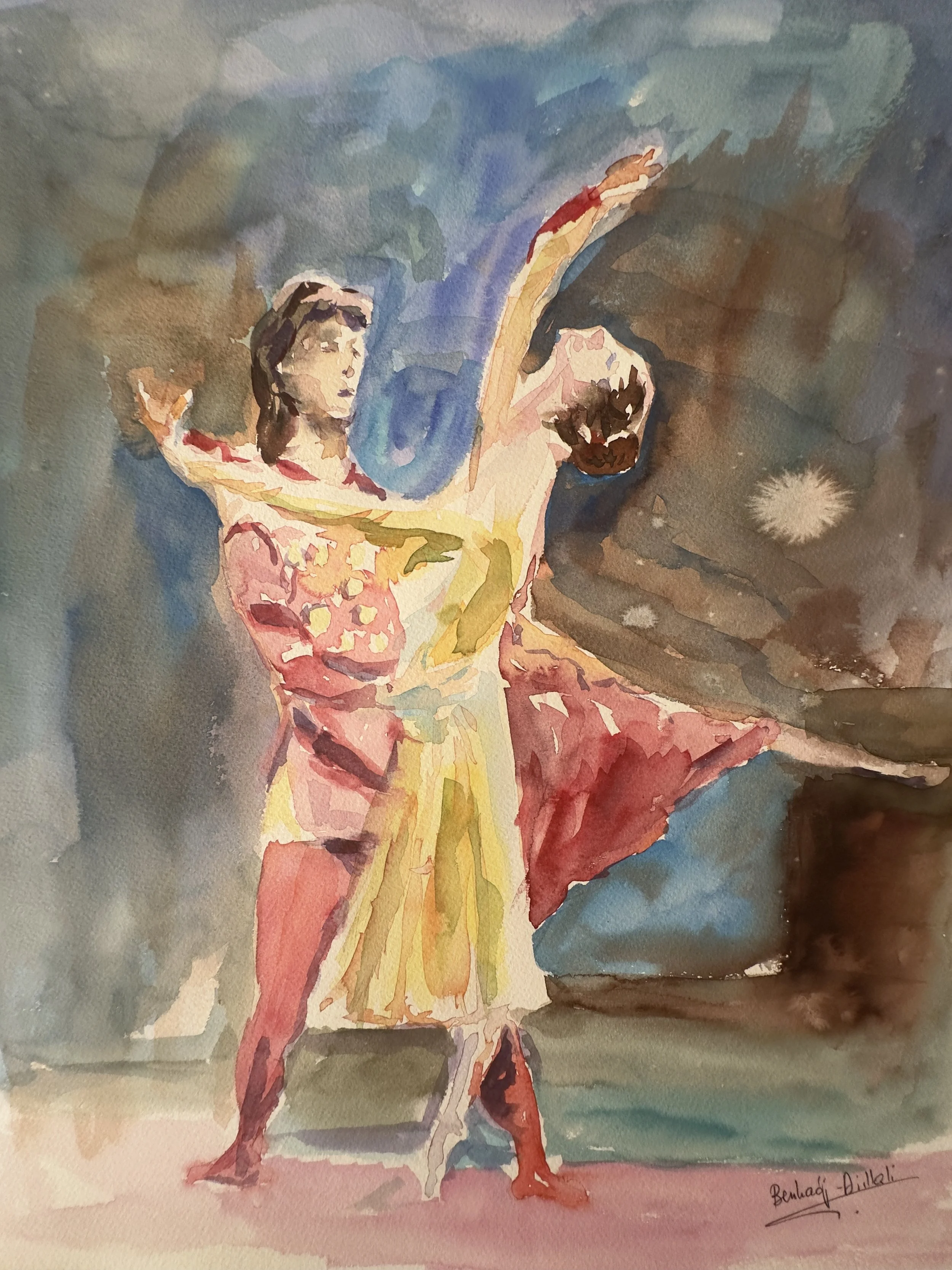 Watercolor painting of a ballerina in a red tutu with arms extended, standing on her toes, with a dark background and stage-like setting.
