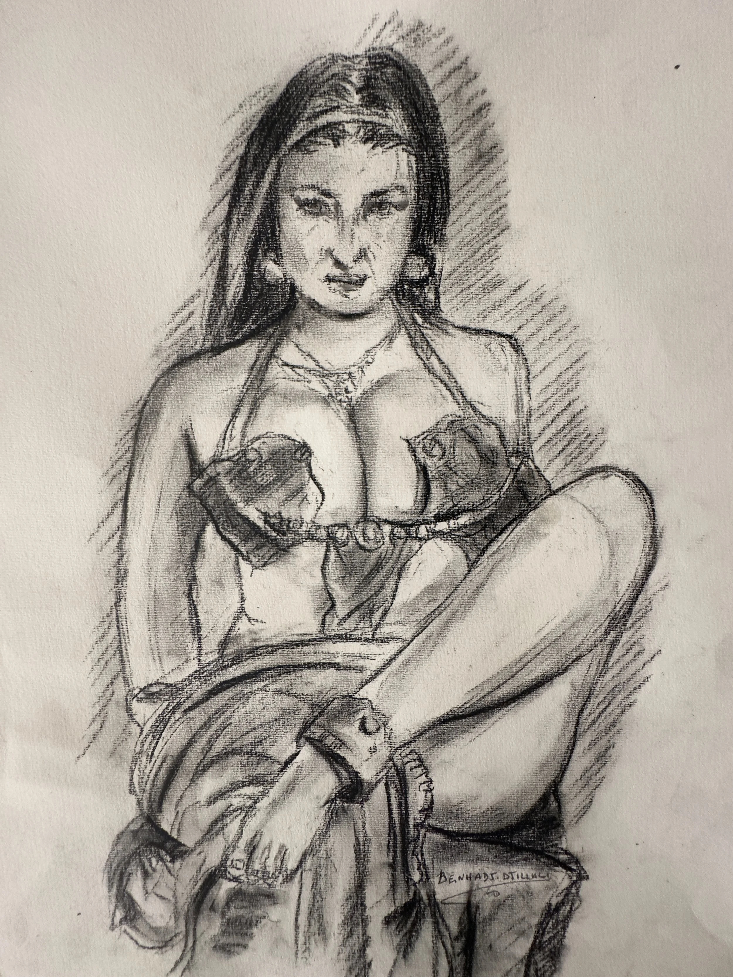 A black and white sketch of a woman with long hair, wearing a bikini top with a lace pattern and earrings, sitting on a chair.