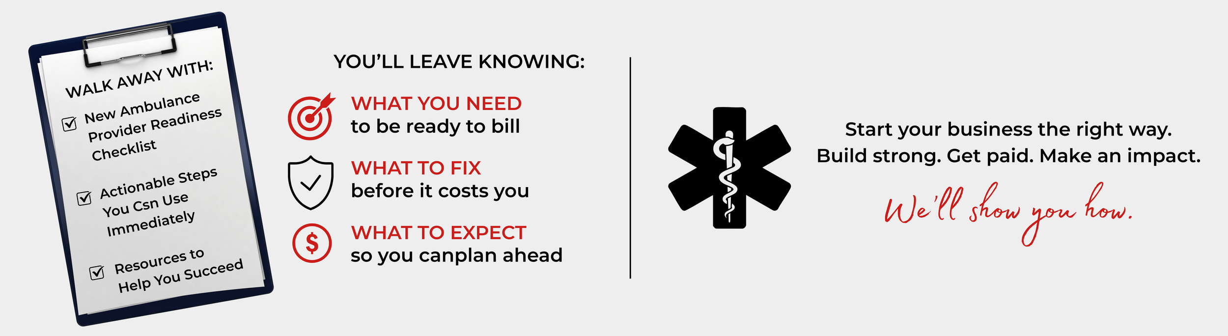 A graphic providing steps for starting a medical business, featuring a checklist on a clipboard with items like ambulance provider readiness and actionable steps, alongside text about what you need, what to fix, and what to expect, with a medical symbol and motivational message.