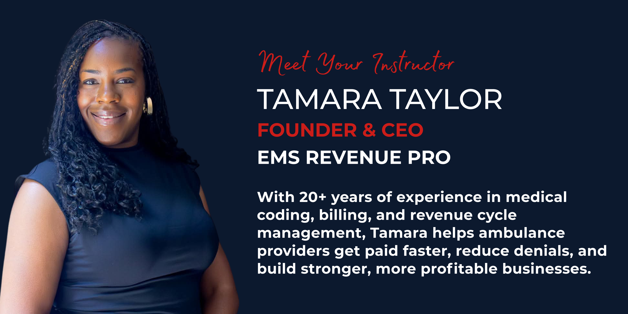 Photo of Tamara Taylor with text introducing her as the founder and CEO of EMS Revenue Pro and highlighting her professional experience.
