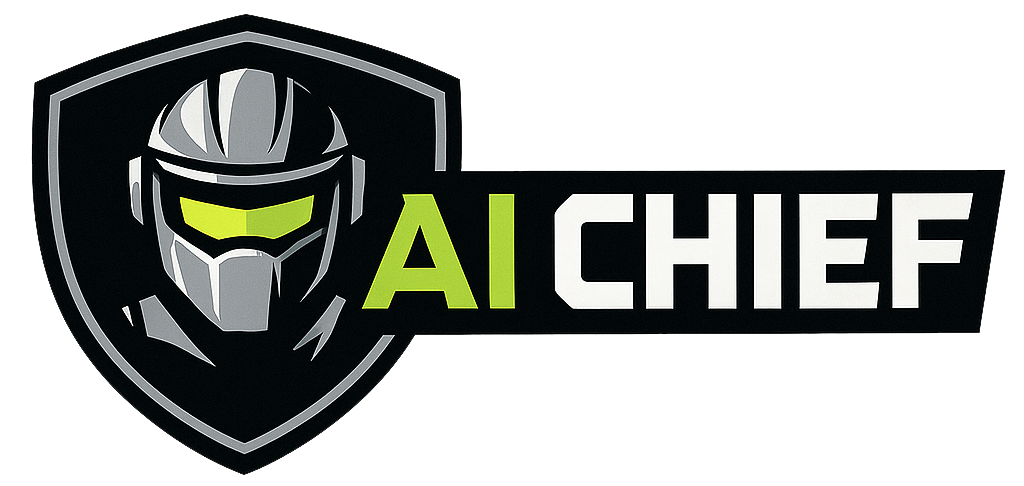 Logo featuring a helmeted robot face with a shield, with the words 'AI CHIEF' next to it.
