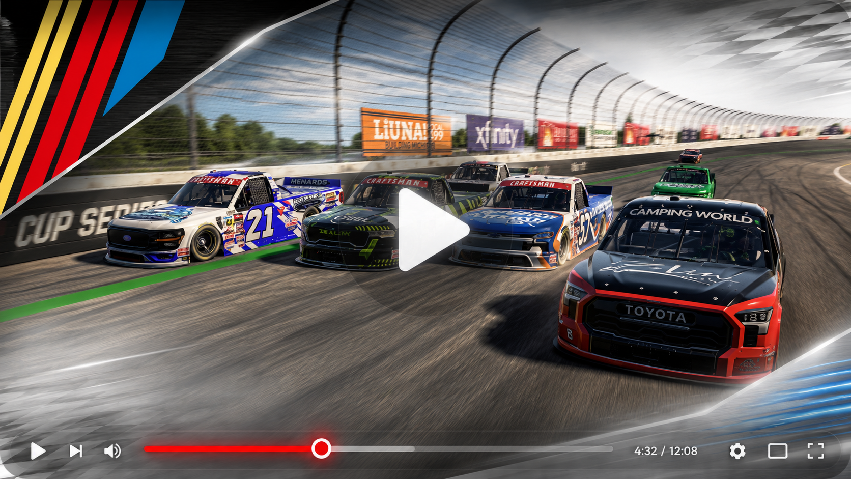 Screenshot of a racing video game showing several race trucks on a dirt track. The trucks are branded with various sponsors and team names, with a prominent truck marked 'Camping World' in the foreground. The background features a fenced racetrack with advertisements and a cloudy sky.