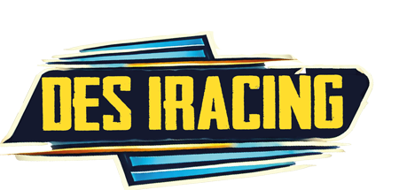 Logo of DES IRACING with bold yellow text on a black background and stylized blue and white accents.