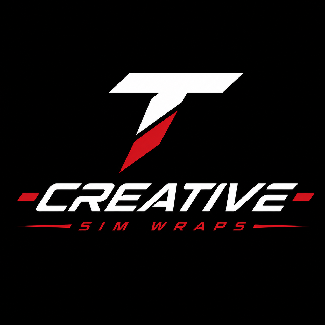 Logo for Creative Sim Wraps featuring a stylized letter T with a red accent, the word 'CREATIVE' in white capital letters, and 'SIM WRAPS' in red below.