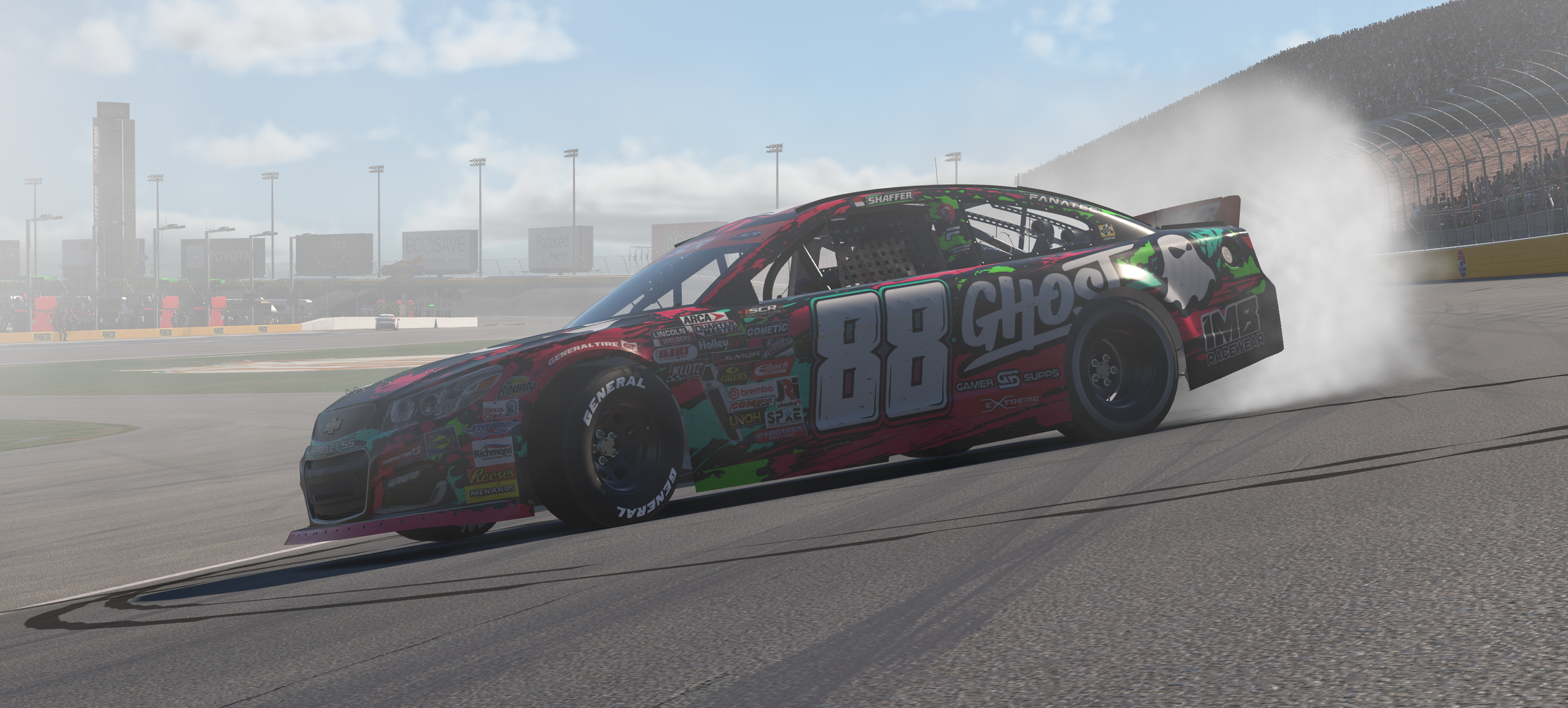 A race car with the number 88 drifting on a race track, kicking up smoke, with spectators and stadium lights in the background.