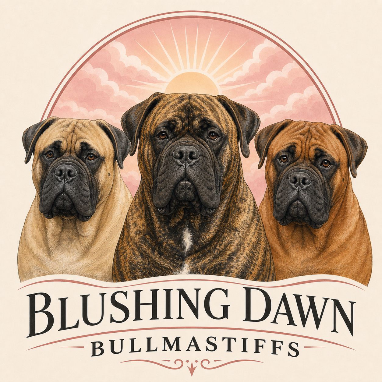 Blushing Dawn Bullmastiffs logo with three Bullmastiffs beneath a pink sunrise