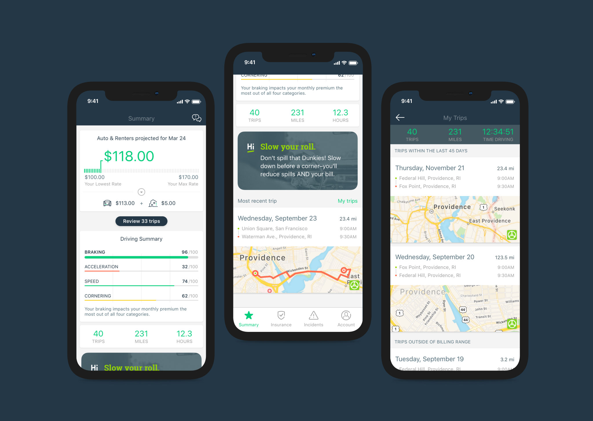 Bill summary, driving scores, and trip log
