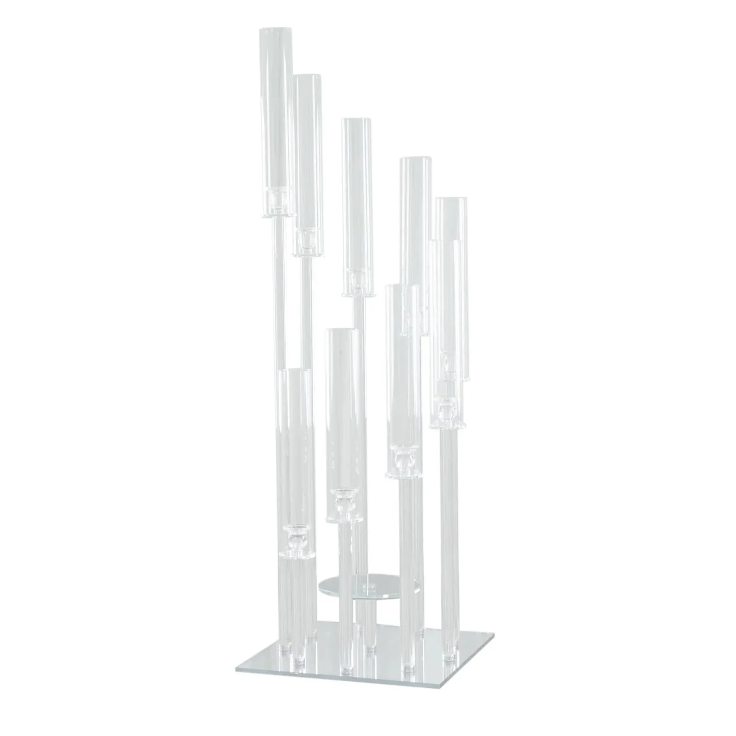 Crystal 9 arm candelabra with taper candle holders of different heights mounted on a flat base.