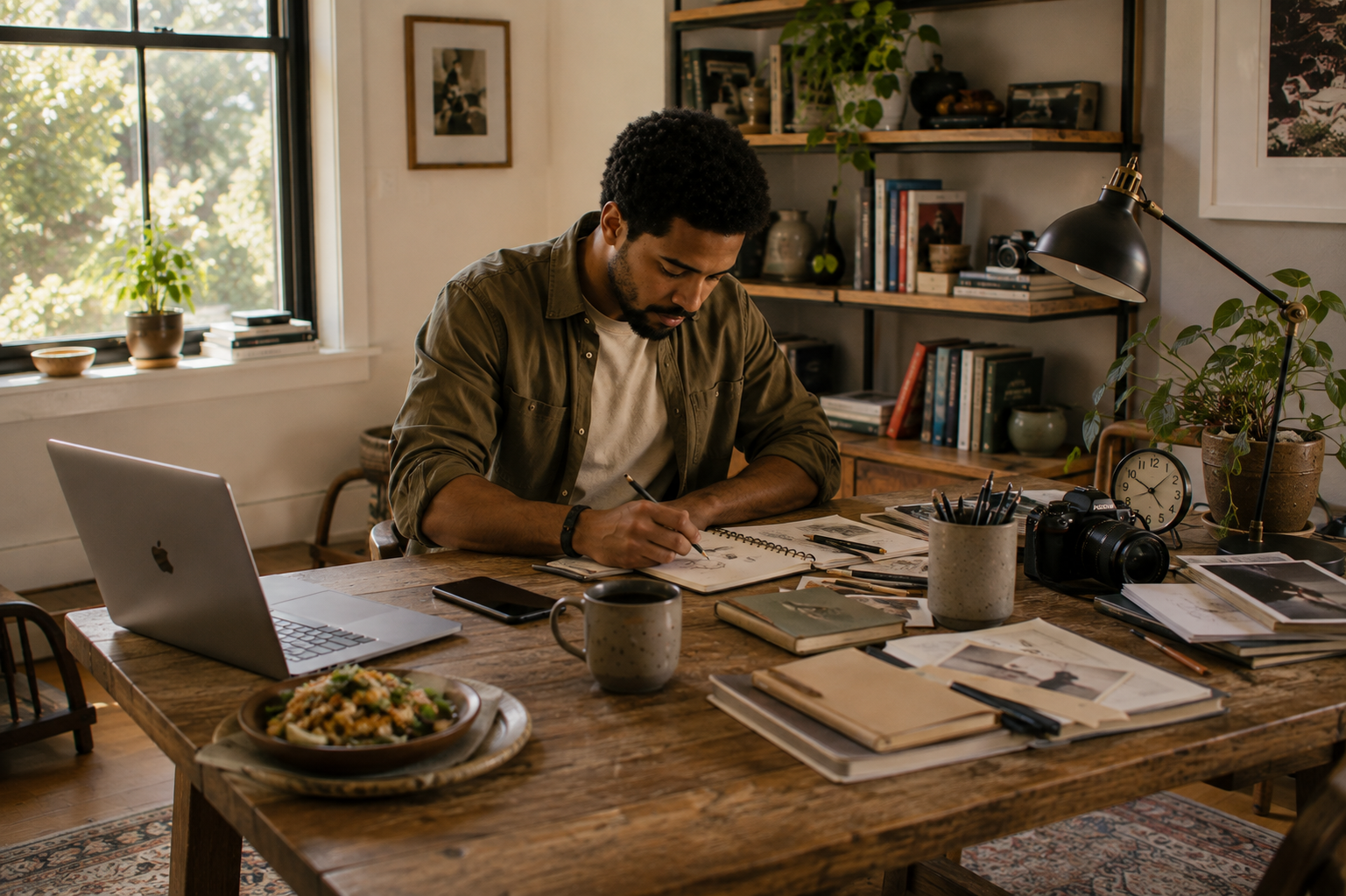 A man sitting at a wooden desk working on sketches with a pencil and notebook, surrounded by a laptop, camera, books, and personal items in a cozy, well-lit room with large window, plants, and framed artwork.