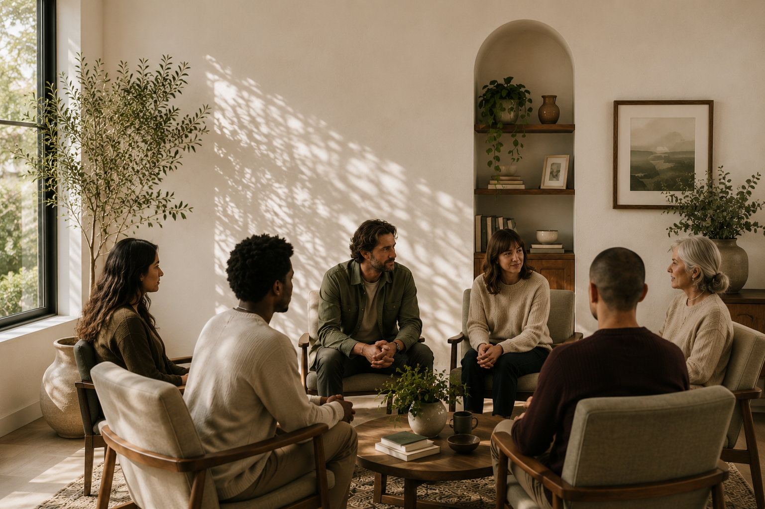 Group of seven people sitting in a circle having a discussion in a cozy, well-lit room with plants and artwork.