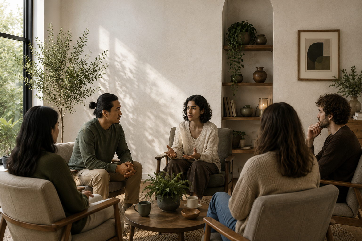 Group of six people having a discussion in a cozy, well-lit living room with potted plants and art.