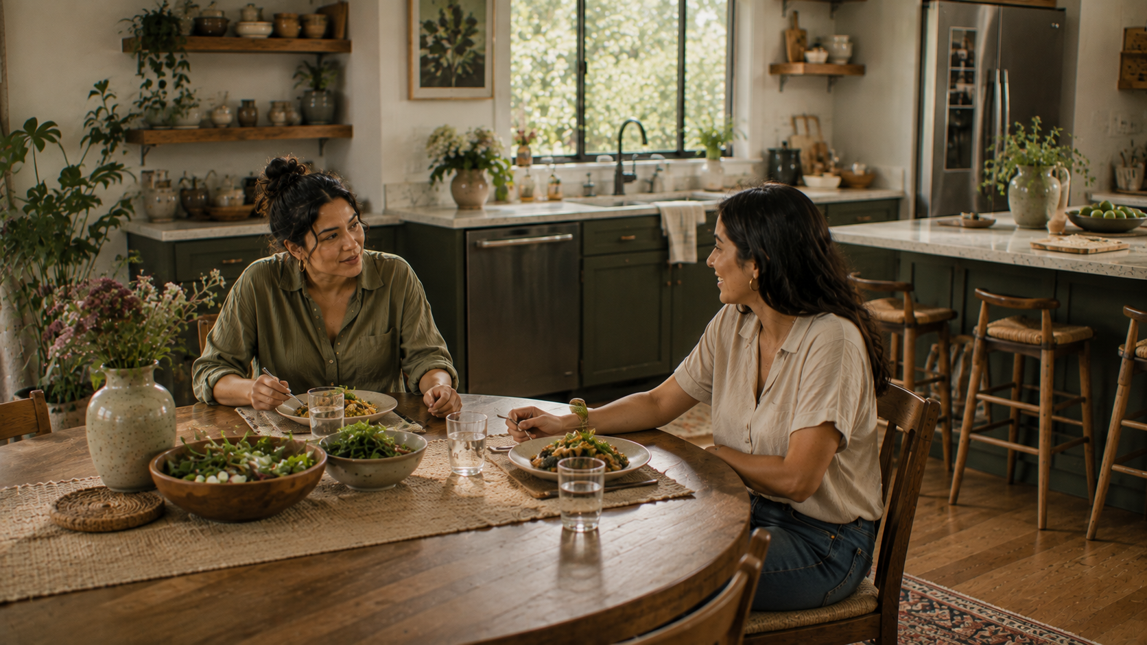 Two women sharing a meal at a round dining table in a cozy, well-lit kitchen with green cabinets, a marble countertop, and open wooden shelves with decorative items and plants.