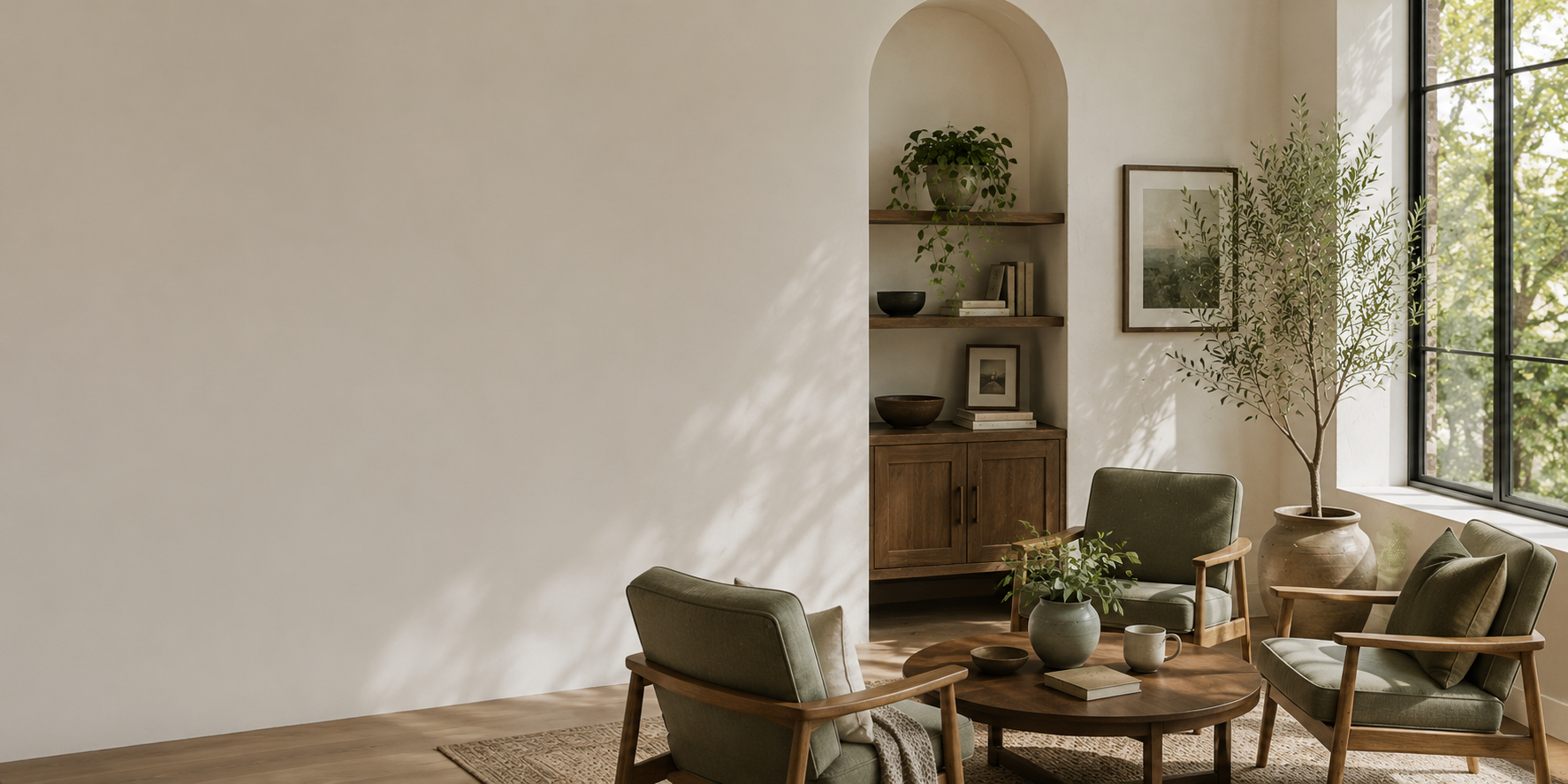 Living room with four green armchairs, a wooden coffee table, large potted plant by a window, wall art, and built-in shelves with decorative items.