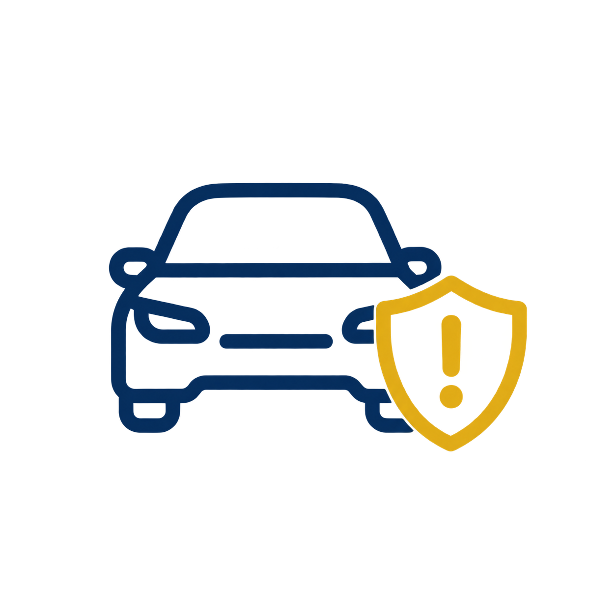 Outline of a car with a yellow shield containing an exclamation mark in front of it, indicating vehicle security or safety warning.