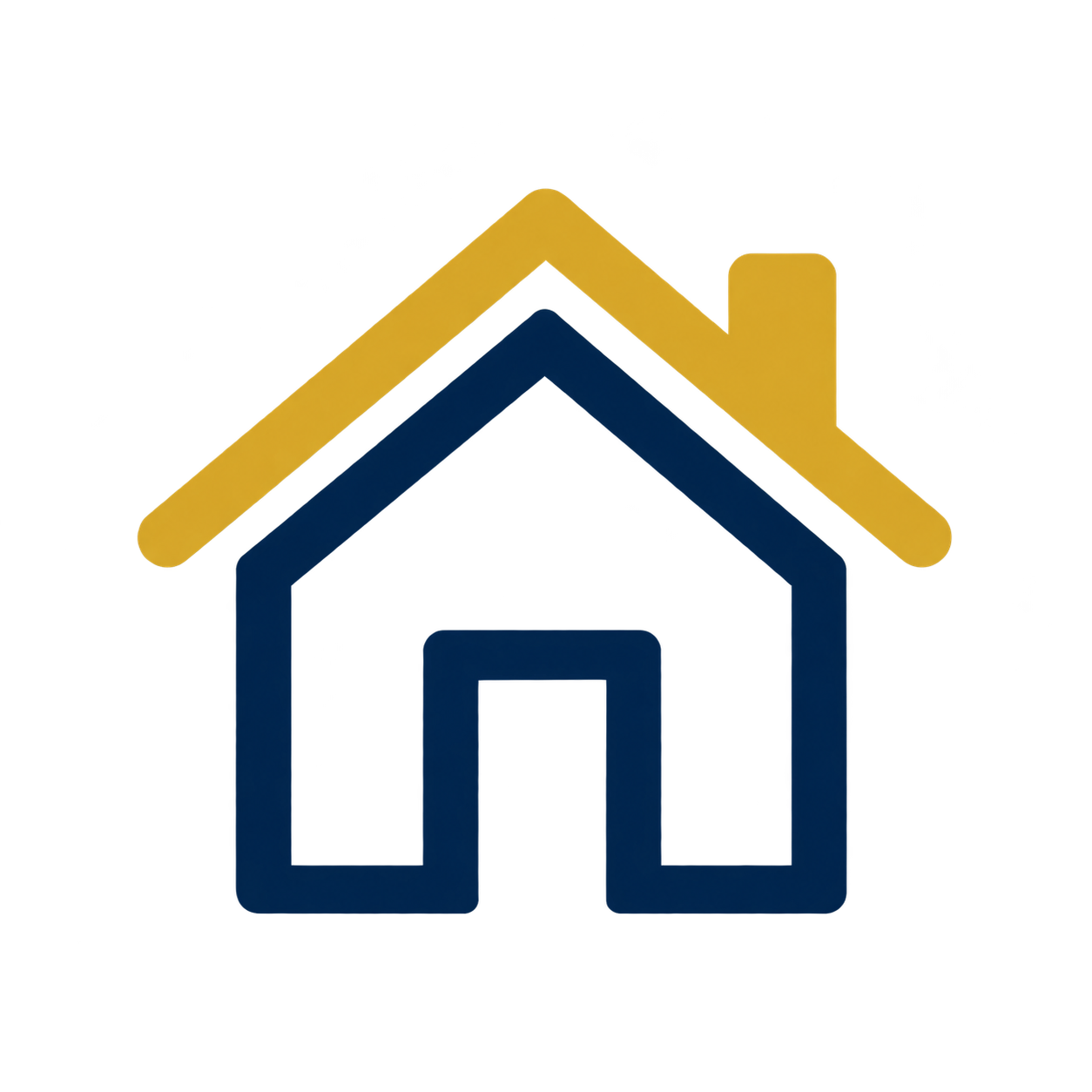 Three layered house-shaped icons in dark blue, medium blue, and light brown with a dark blue house outline on a black background.