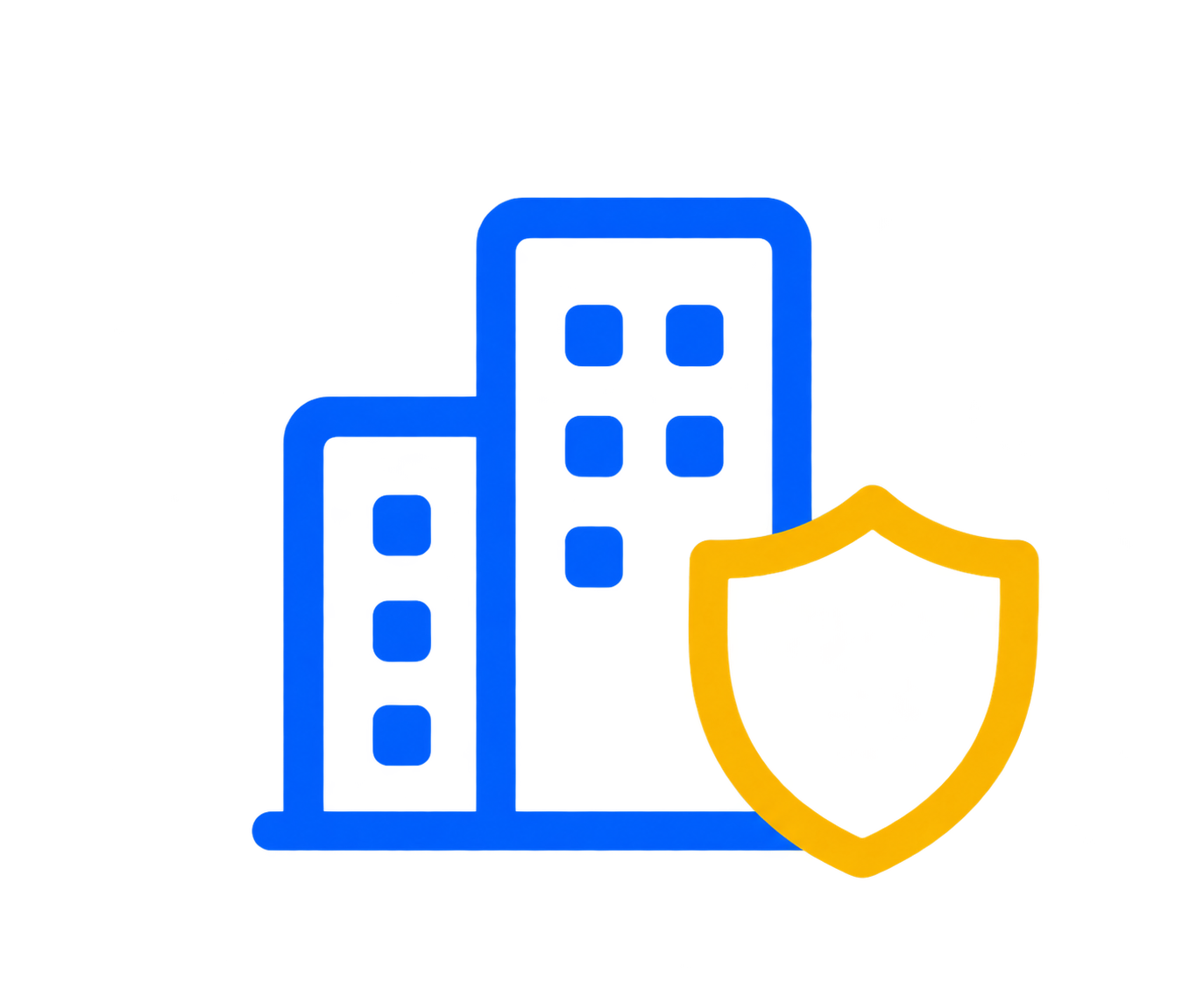 Commercial property insurance icon: business buildings with a protective shield