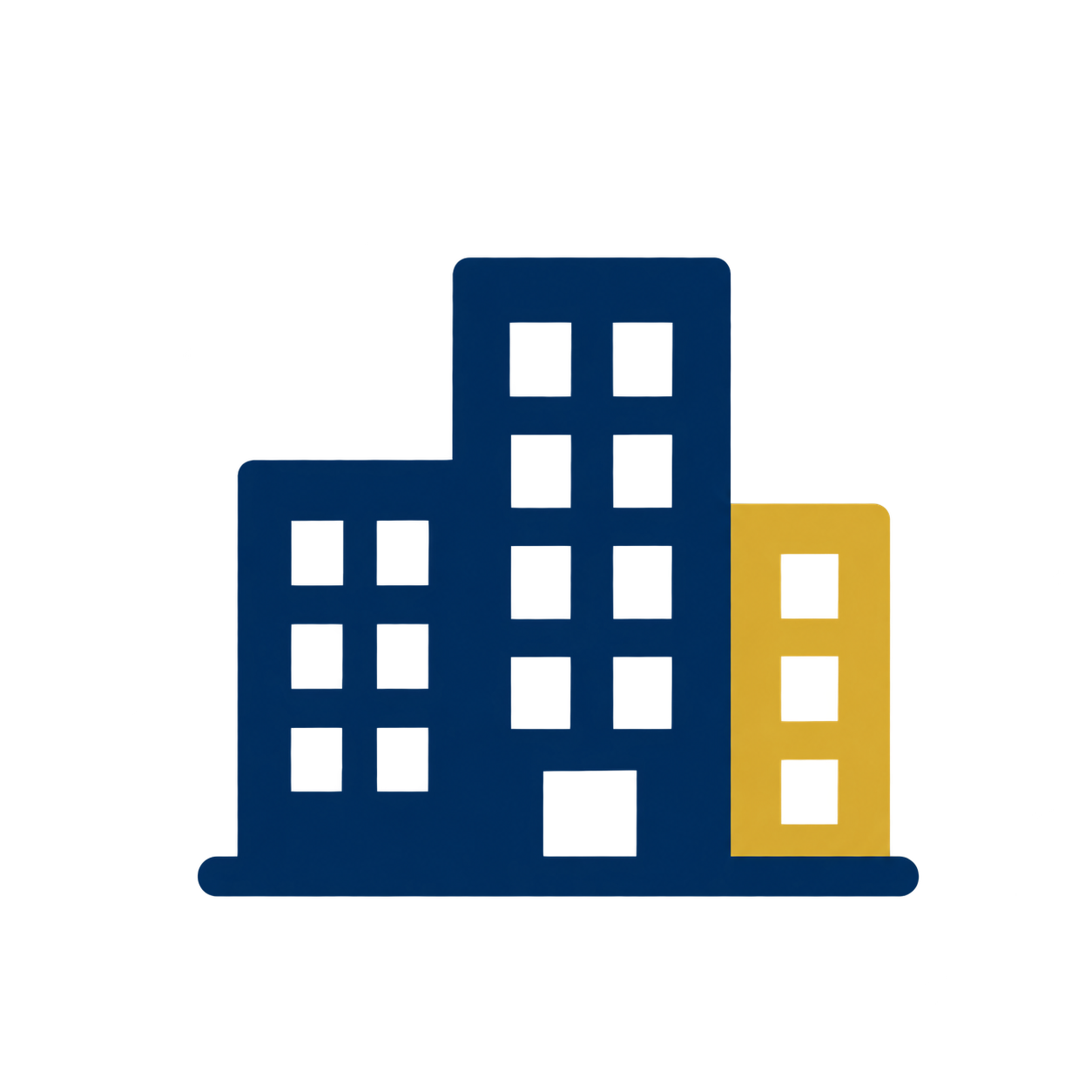 Illustration of three colorful buildings, with the tallest in blue, next to a shorter blue building, and a small yellow building on the right, against a black background.