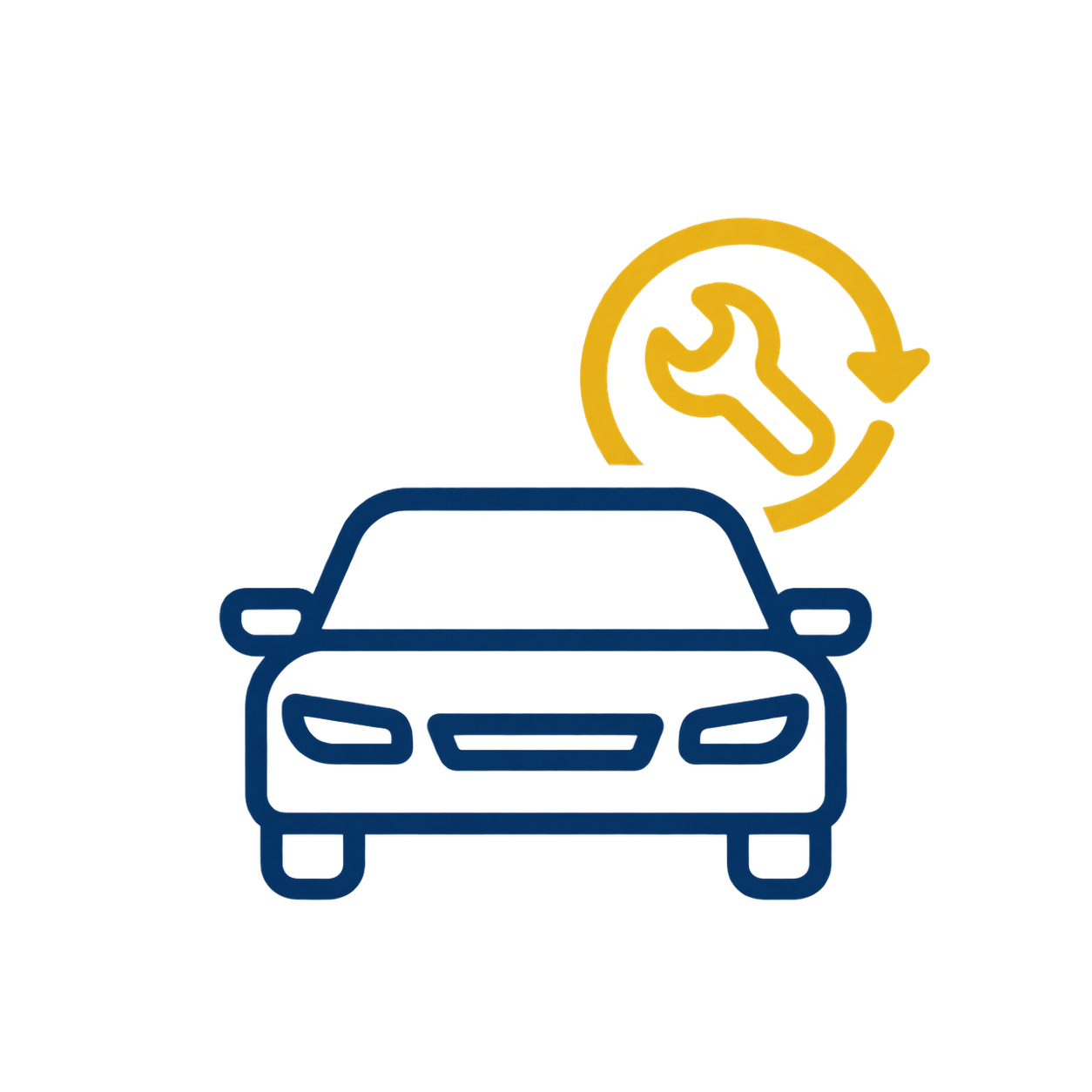 Outline of a blue car with a yellow repair or update icon above it, featuring a wrench and a circular arrow, indicating car repair or maintenance.