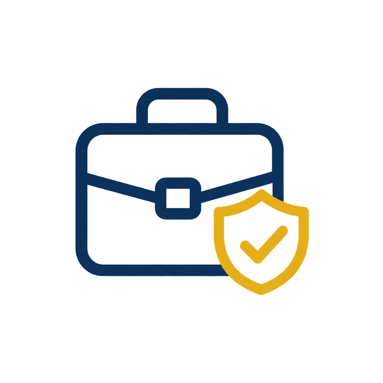 A blue briefcase icon with a yellow shield and check mark overlay, symbolizing security or protection.