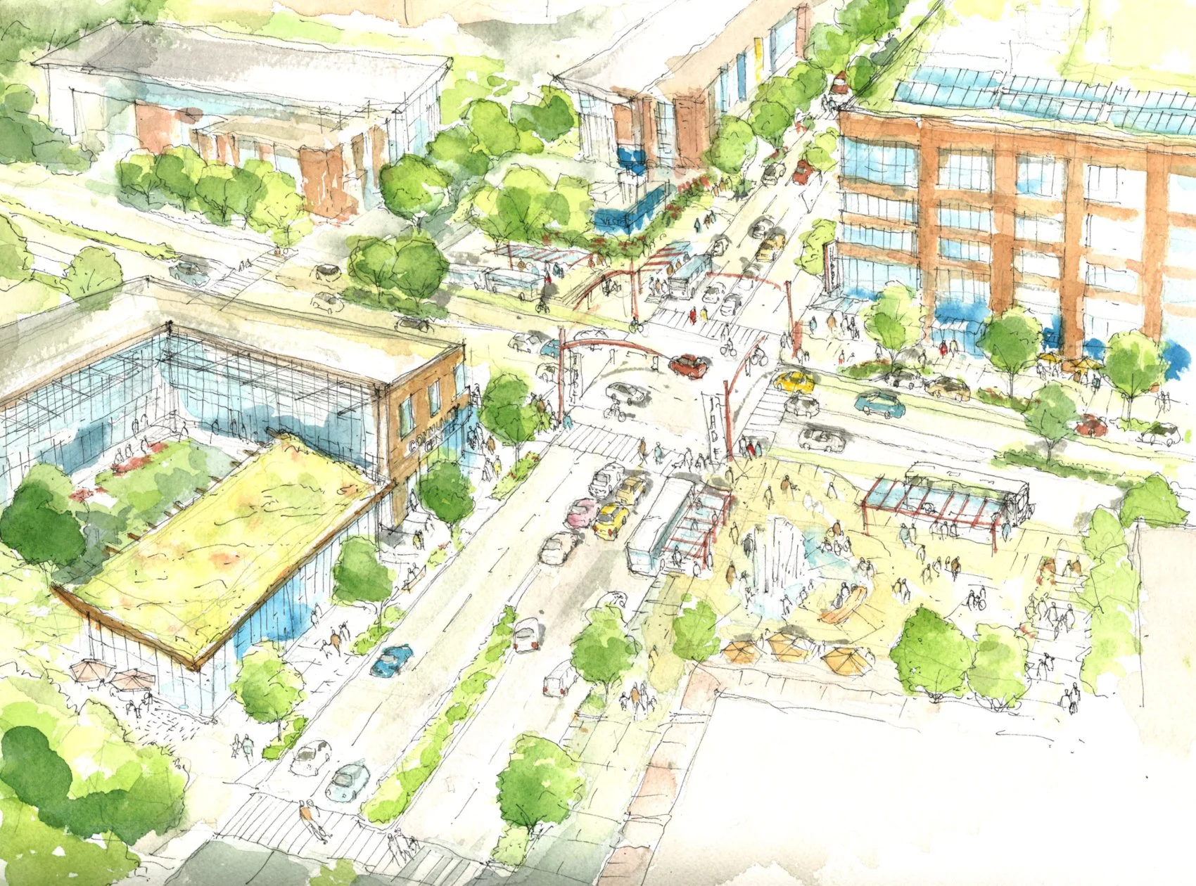 Watercolor painting of vibrant and walkable a SE 82nd and Division intersection.