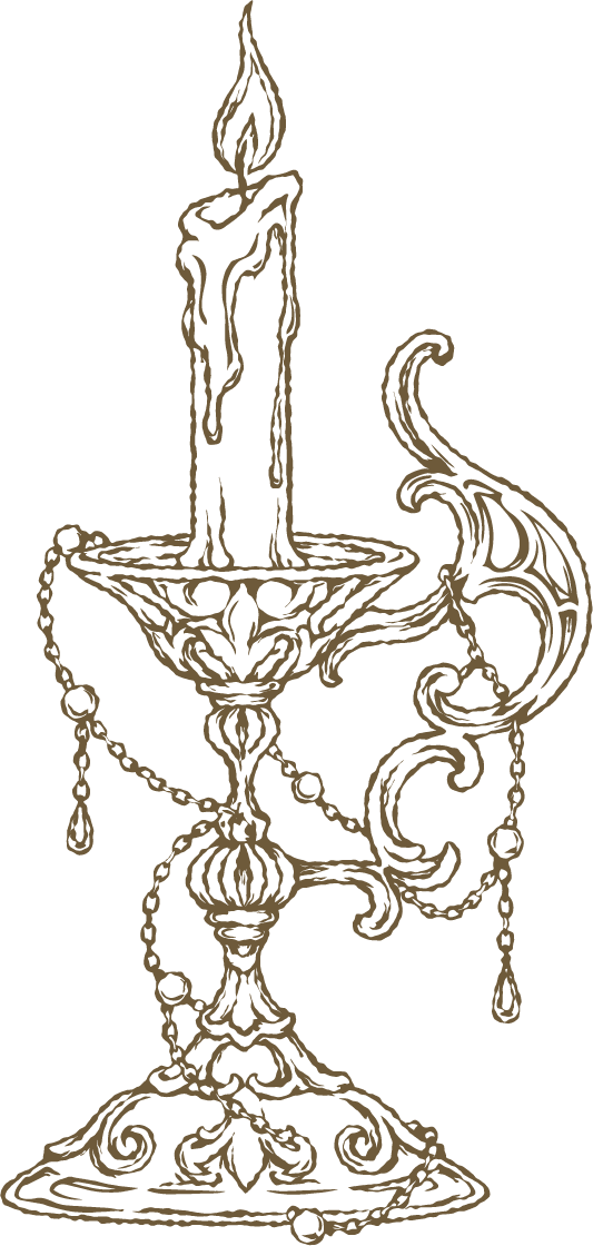 A detailed, ornate candle holder with chains and decorative elements, holding a candle with a flame.
