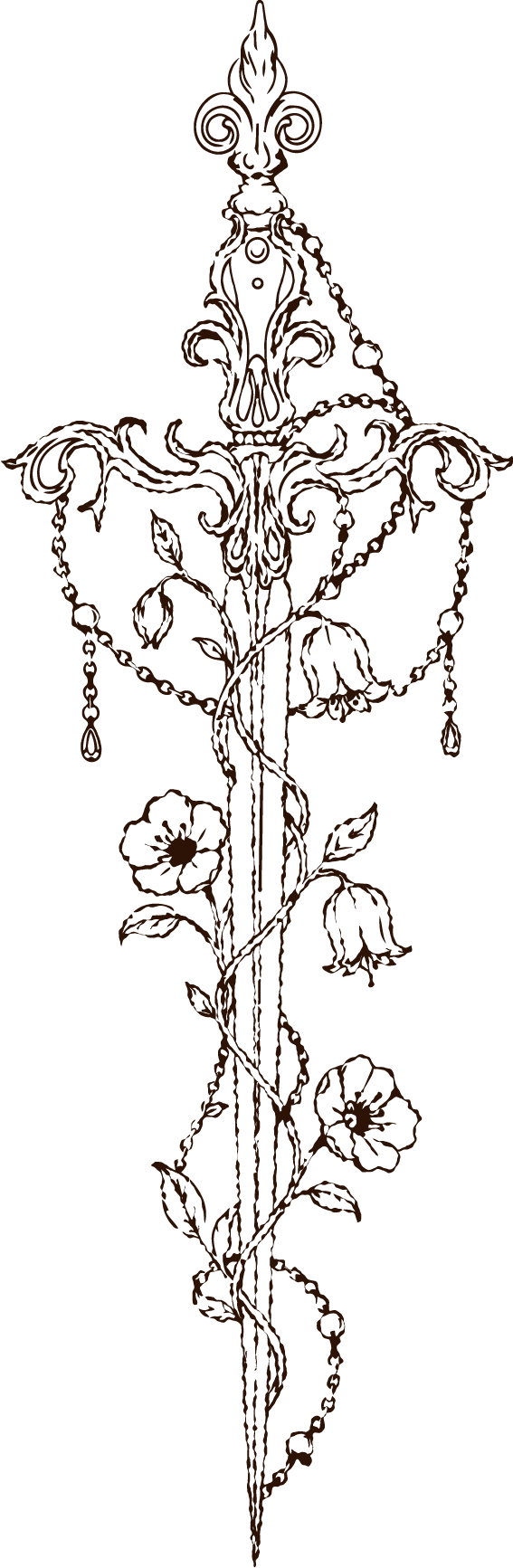 An intricate black line drawing of a chandelier with floral and leaf motifs, featuring chains and decorative elements.
