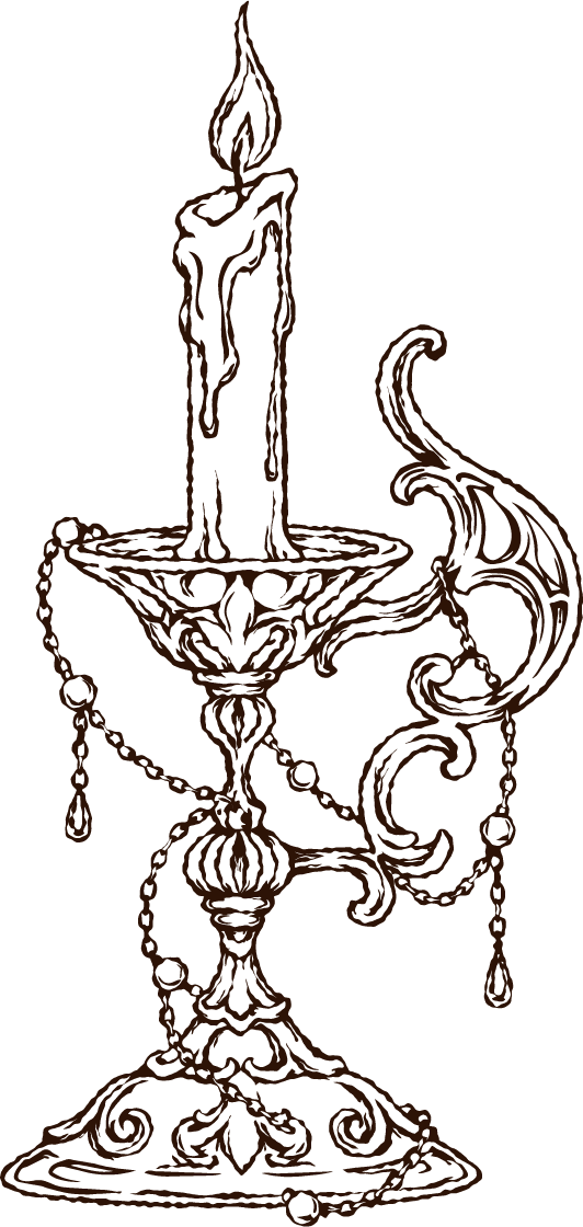 Illustration of a vintage candle holder with a lit candle on top, detailed with ornate decorative chains and scrollwork, against a black background.