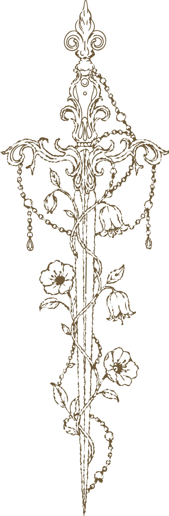 Ornate black and gold floral chandelier design with chains and leaves.