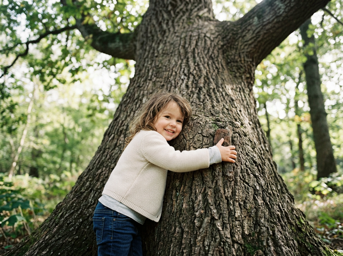 A young girl hugging a large tree in a forest during daytime.
