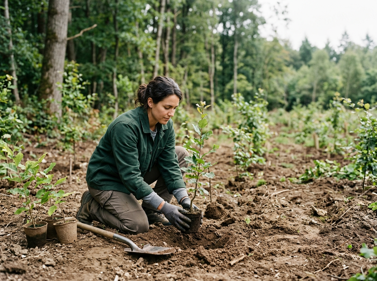 Woman planting a young tree sapling in dirt in a forested area, with gardening tools and multiple potted plants around her.