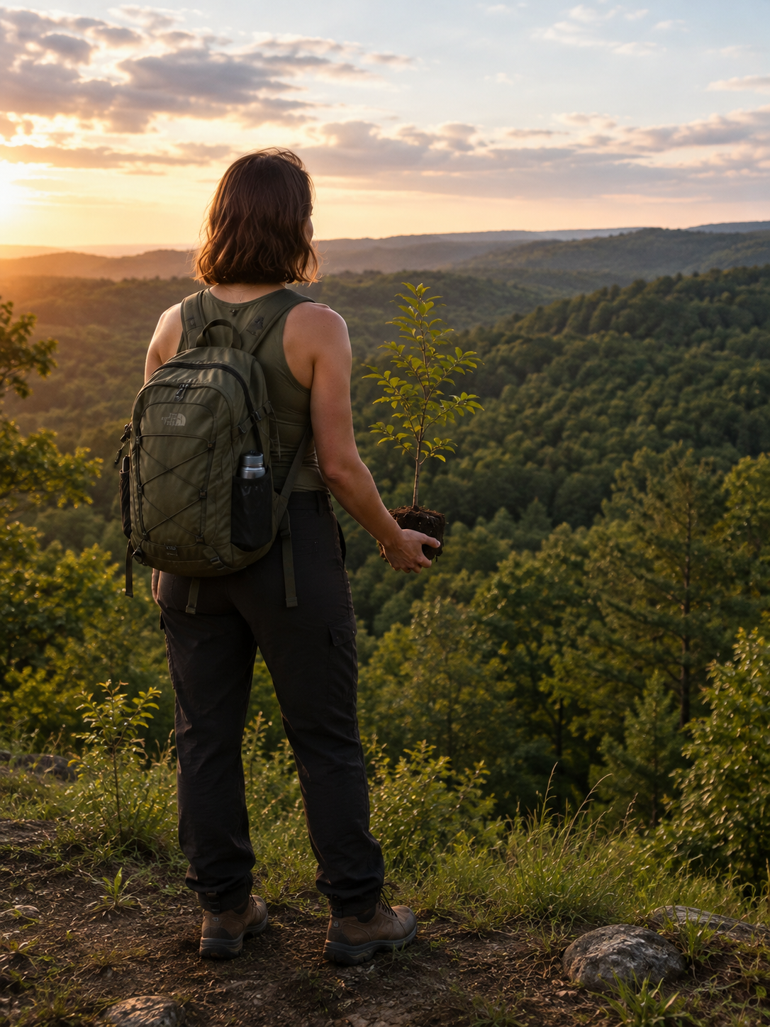 Woman with backpack holding a small tree sapling while standing on a mountain trail at sunset, overlooking a lush green valley.