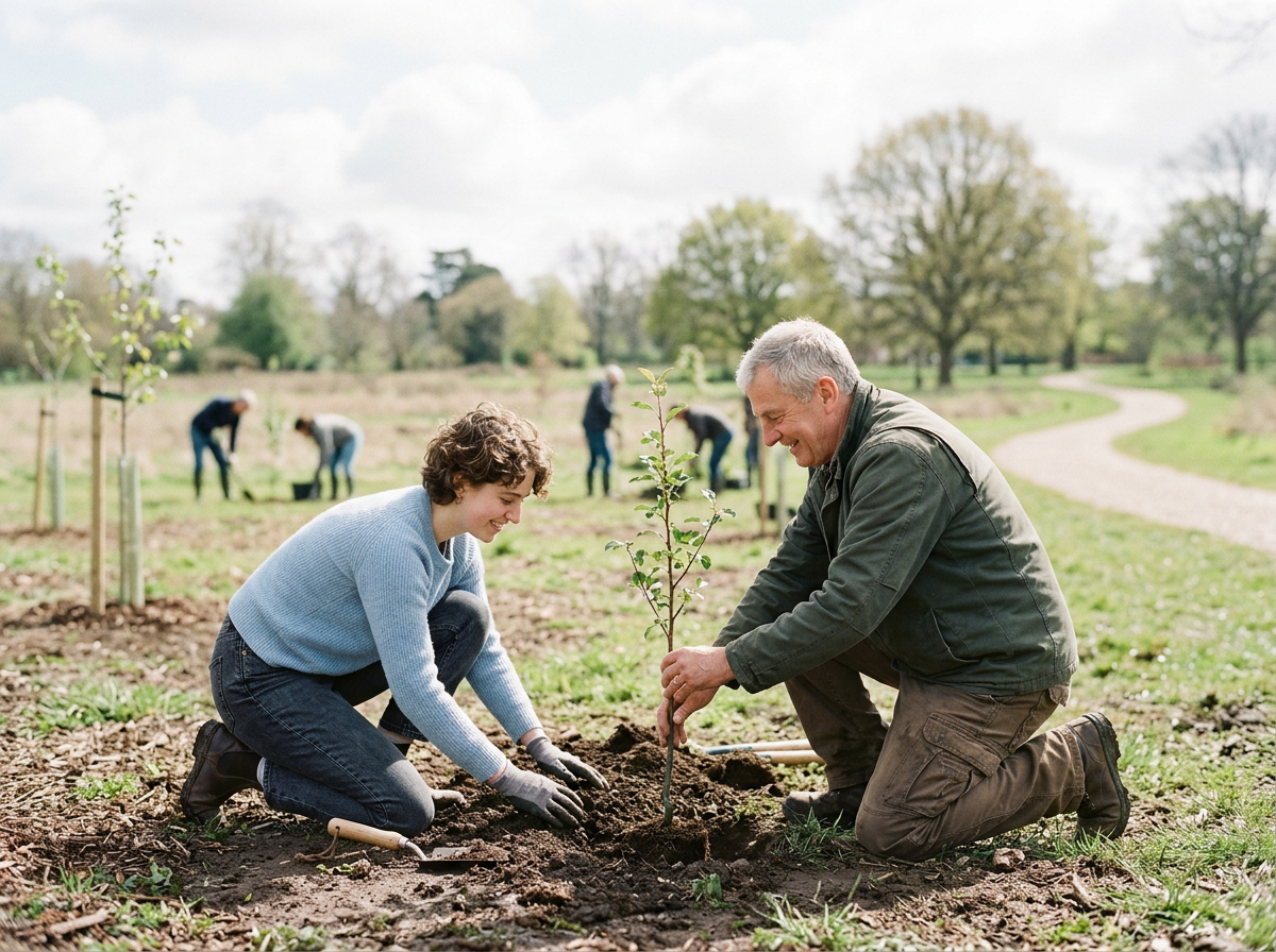 Two people planting a young tree in a park with several others working in the background on a sunny day.