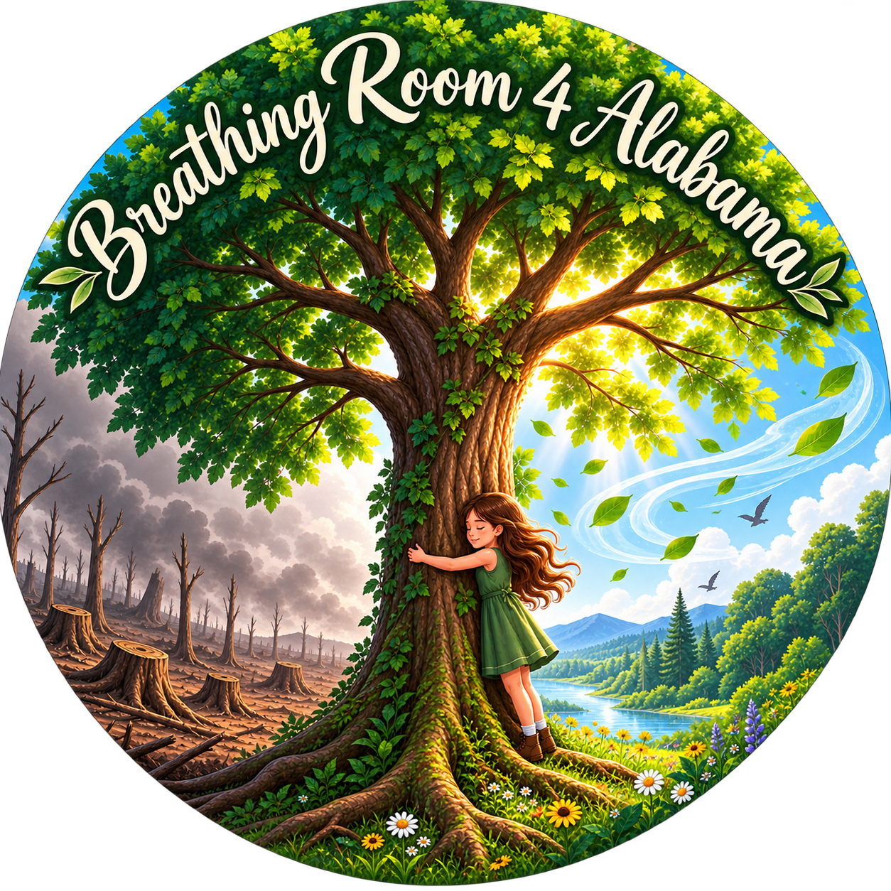 An illustration of a large tree with green leaves, with a girl hugging the trunk. The scene shows a contrast between a healthy, lush area and a barren, deforested area on the left. The sky is partly cloudy with a swirling stream of water and leaves, birds flying, and mountains in the background. The text reads 'Breathing Room 4 Alabama'.