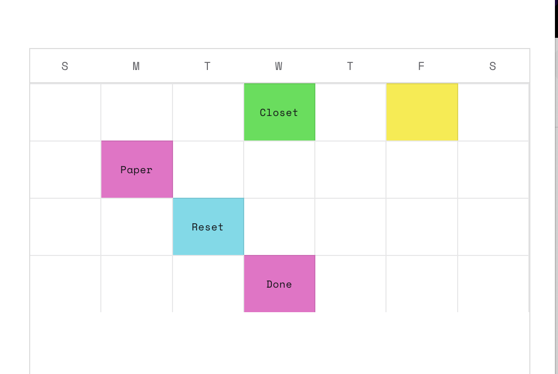 A weekly planner with colored boxes labeled with tasks and a week starting Sunday and ending Saturday.