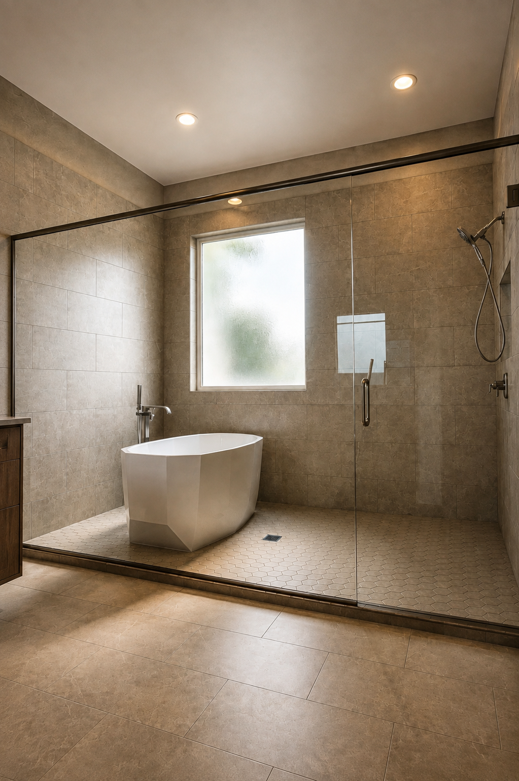 A refined walk-in shower with warm natural light, clean large-format tile, and precise detailing that brings a calm, spa-like finish to the daily routine.