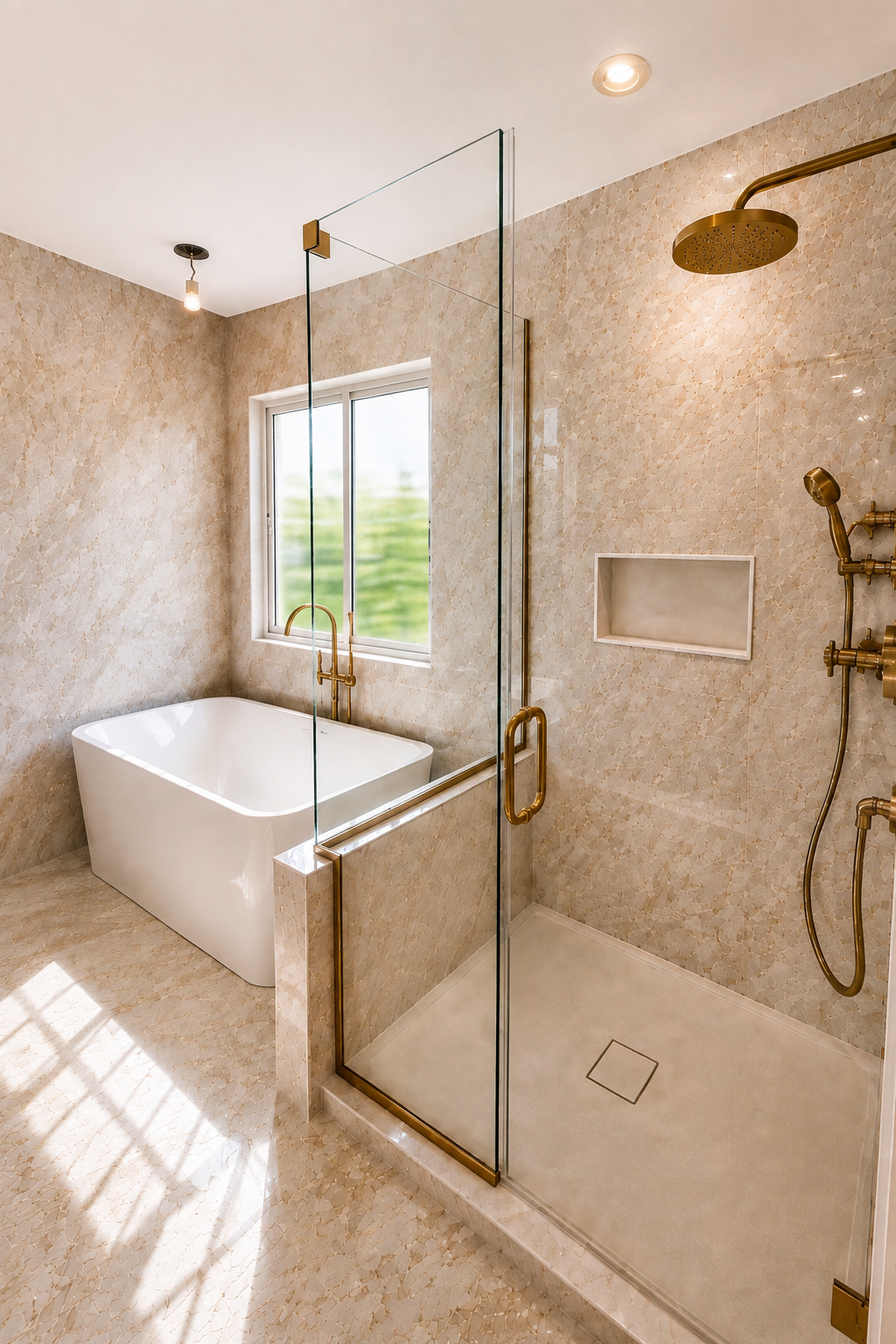 Custom walk-in shower with large-format tile, a rain showerhead, built-in bench, and warm accent lighting—crafted for everyday comfort and a clean, spa-like finish.