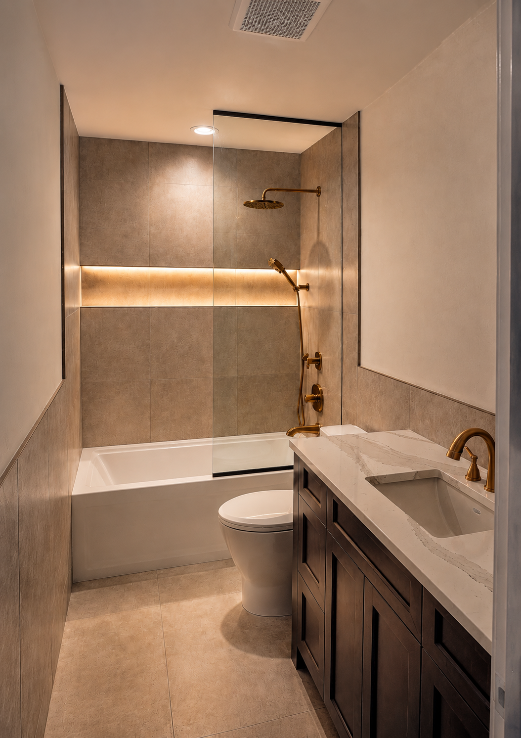 A tailored bathroom remodel with a warm walk-in shower, floating vanity, architectural lighting, and durable tilework built for a polished everyday retreat.