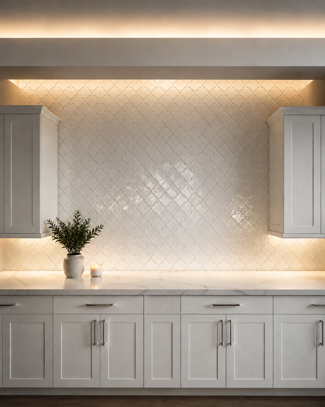 Custom kitchen backsplash and cabinet installation with a light patterned tile