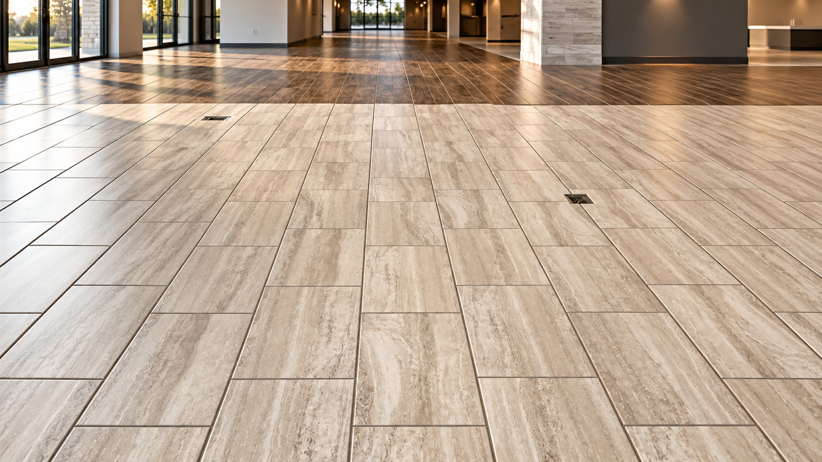 Large-format tile flooring installation in a modern commercial lobby