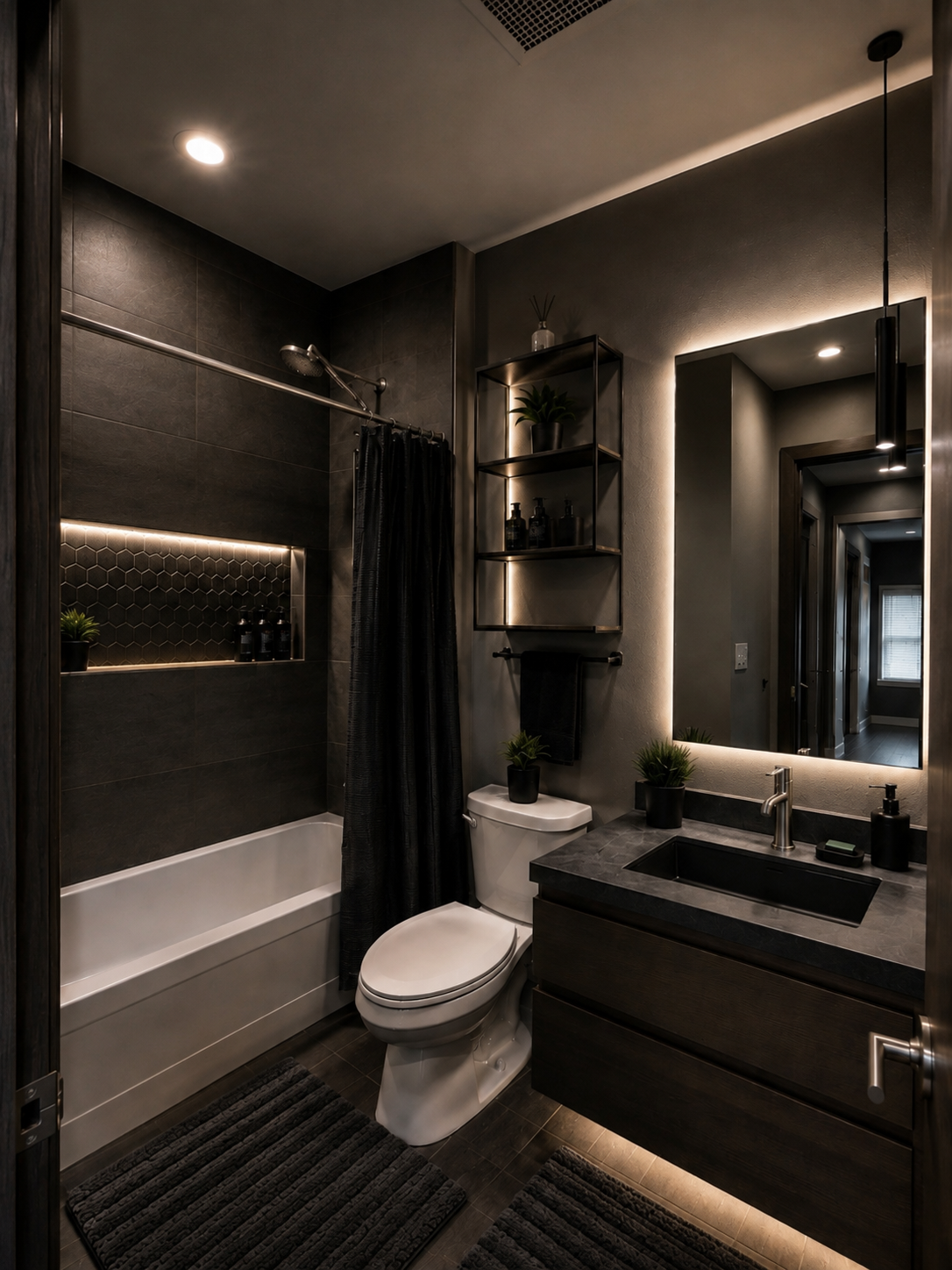 Custom dark tile bathroom remodel with shower, tub, vanity, and waterproofing