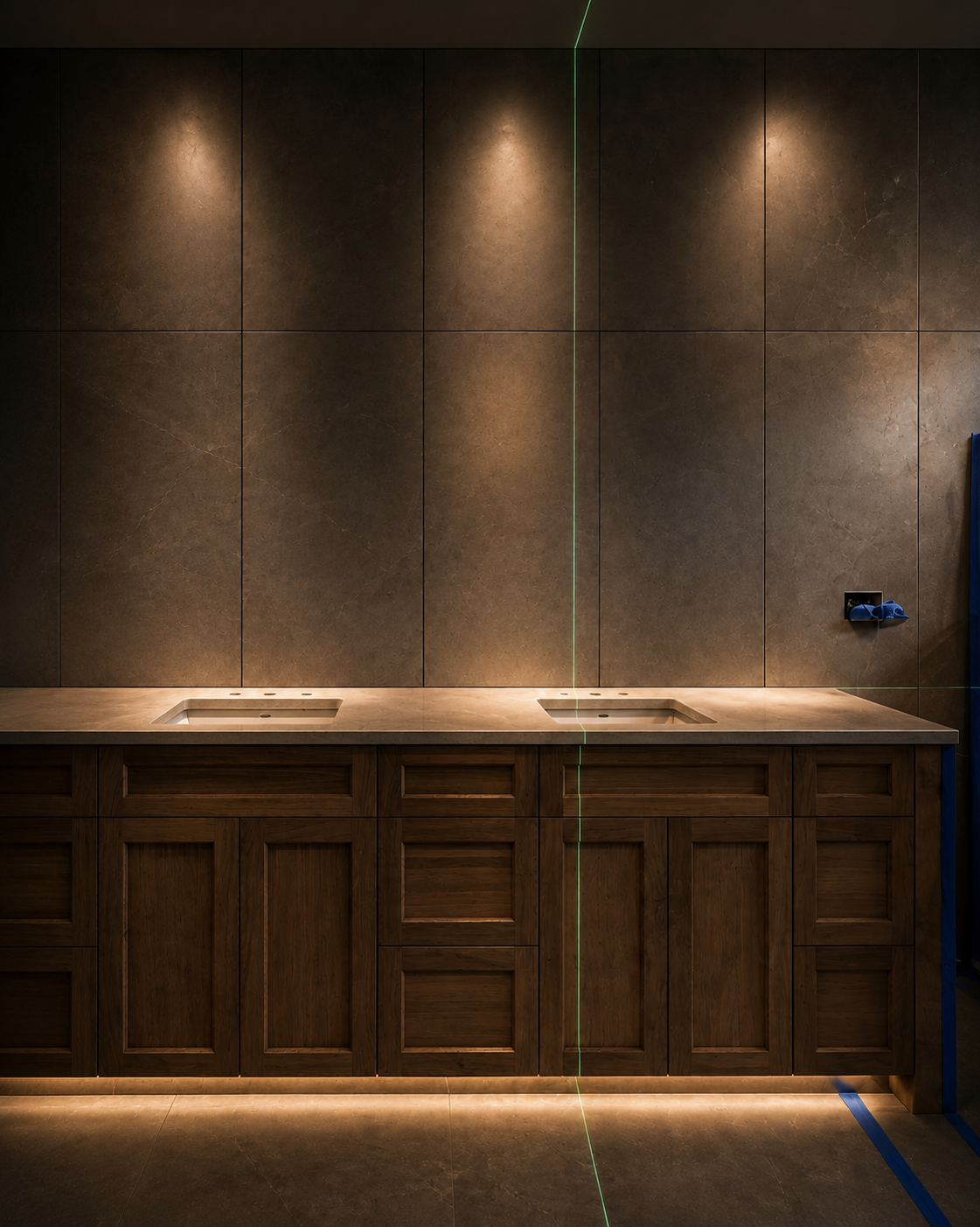Custom bathroom vanity and precision tile installation by Limitless Tile and Interiors