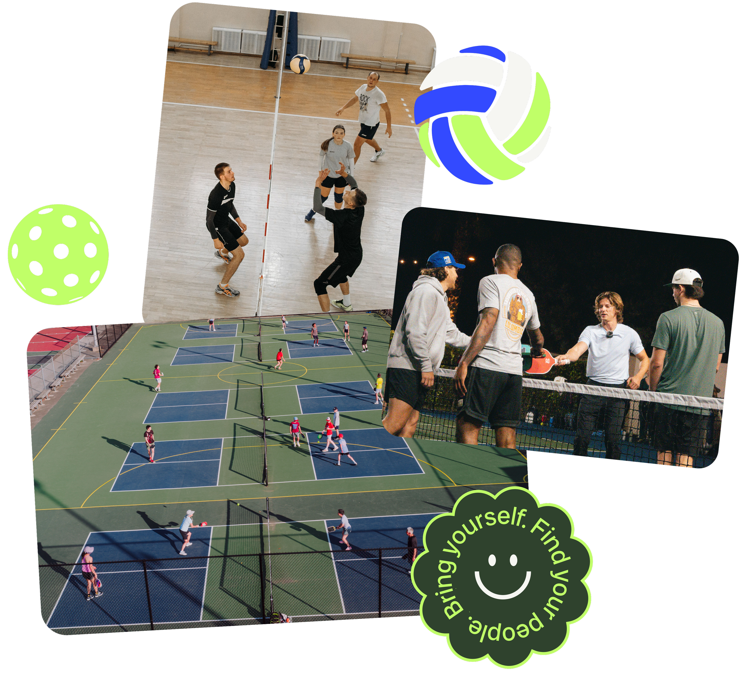 Multiple people playing volleyball indoors and tennis outdoors on different courts at night, surrounded by people standing and walking.