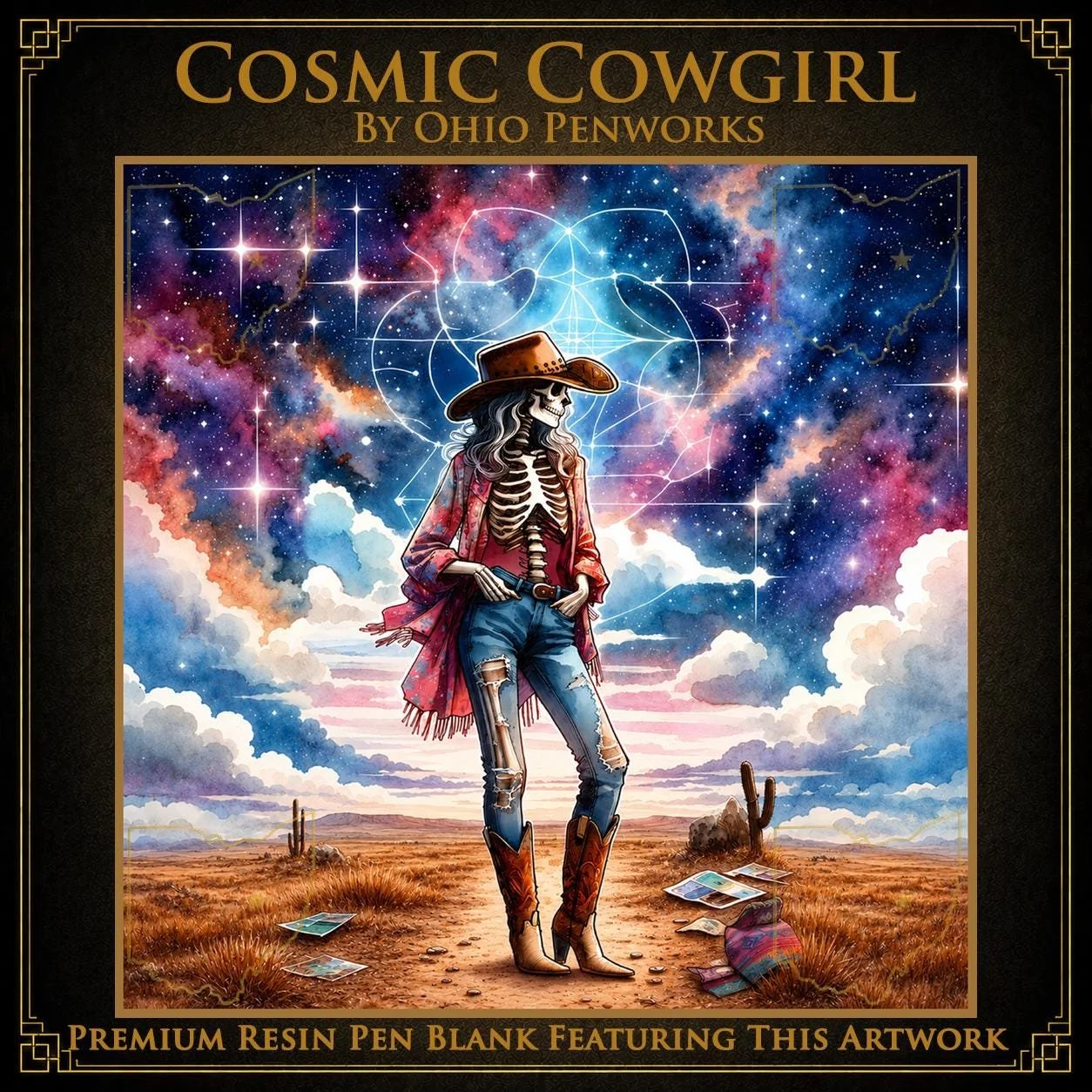 Cosmic Cowgirl Pen Blank | Celestial Western Skeleton Art | Fantasy & Mythology Resin Pen Blank | Handcast Custom Pen Turning Blank