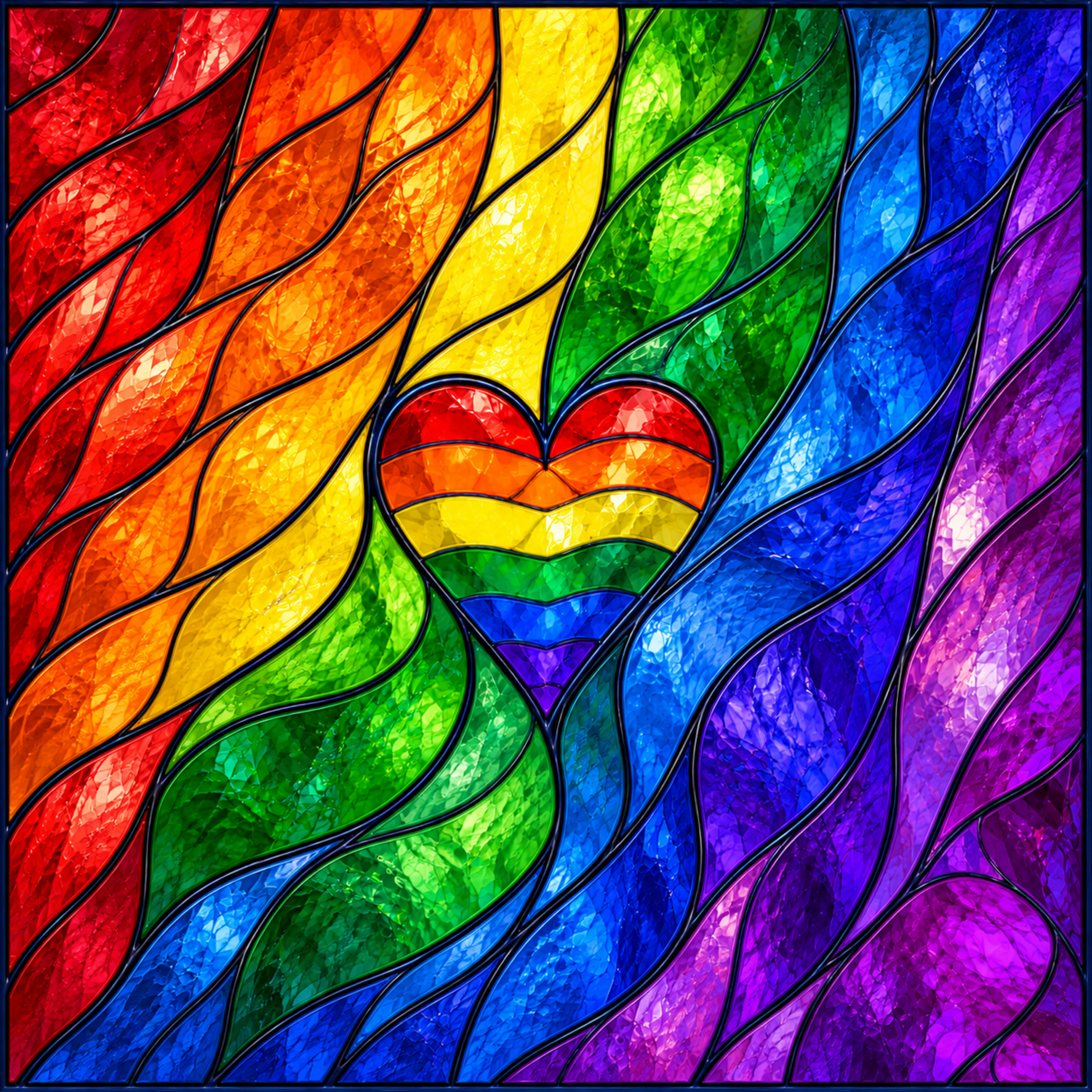 Pride In Color pen blank artwork featuring a rainbow-striped heart surrounded by flowing rainbow stained glass imagery.