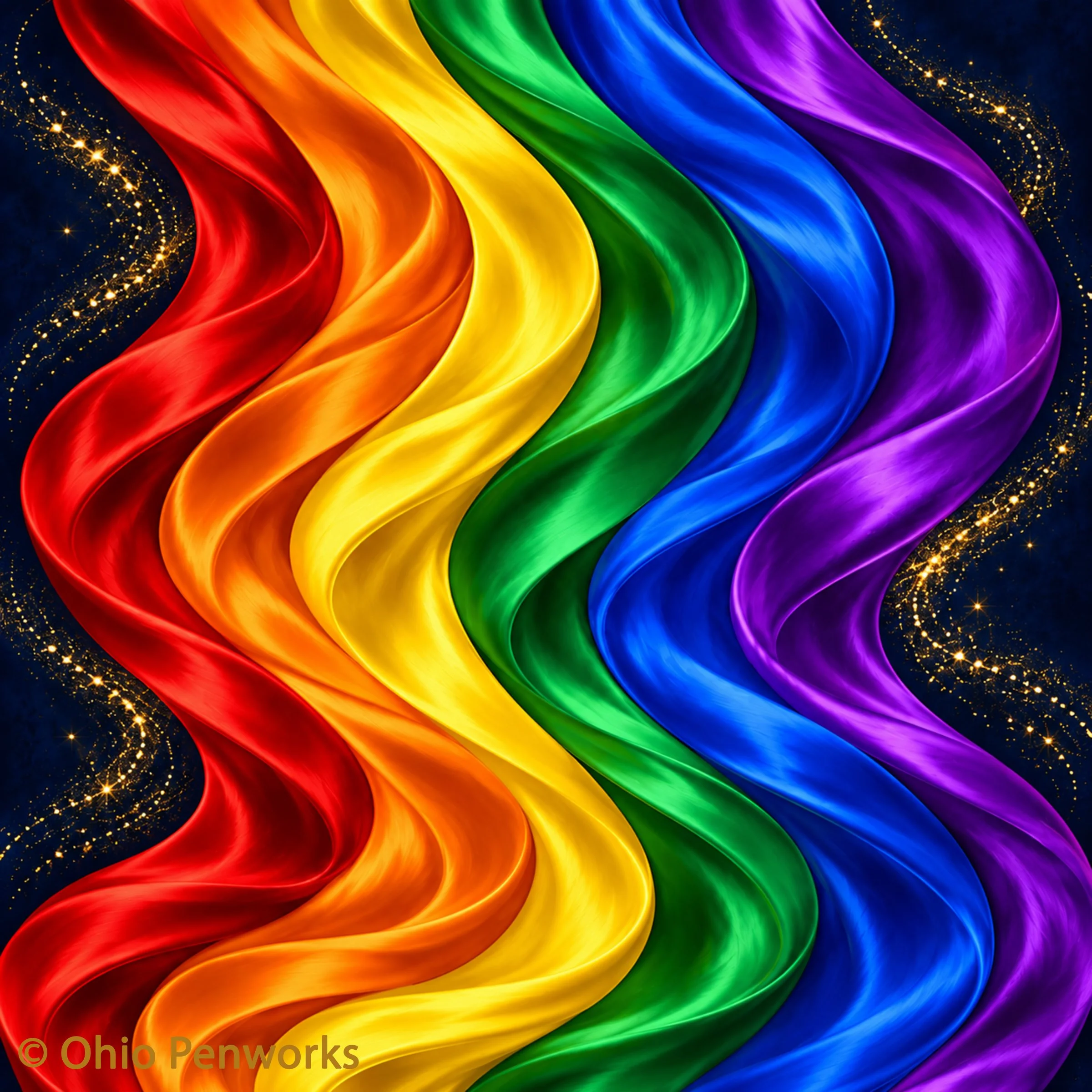 Rainbow Radiance pen blank artwork featuring six flowing rainbow ribbons and golden sparkles against a deep navy background.