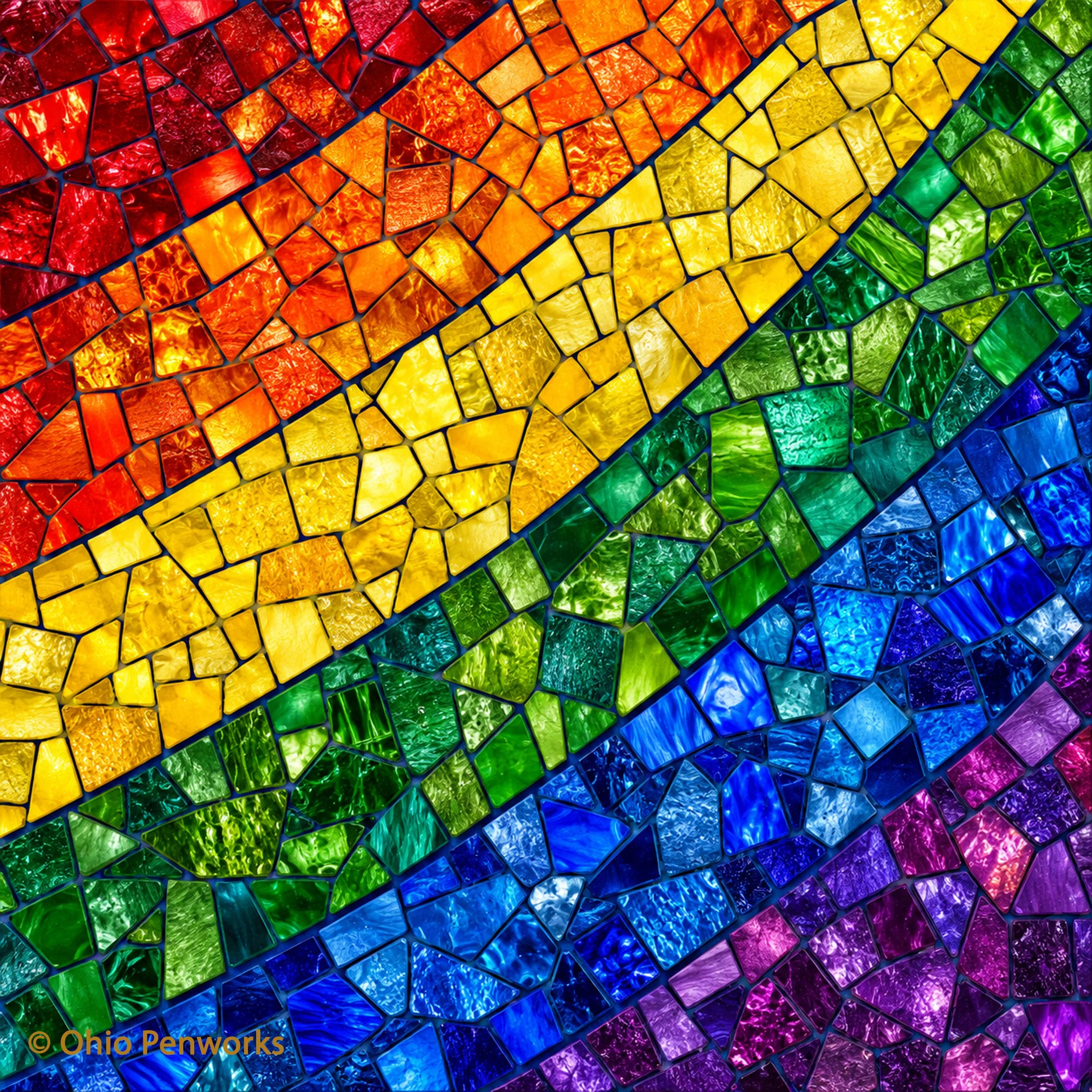 Pride Mosaic artwork featuring diagonal bands of red, orange, yellow, green, blue, and violet glass-style tiles with dark outlines.