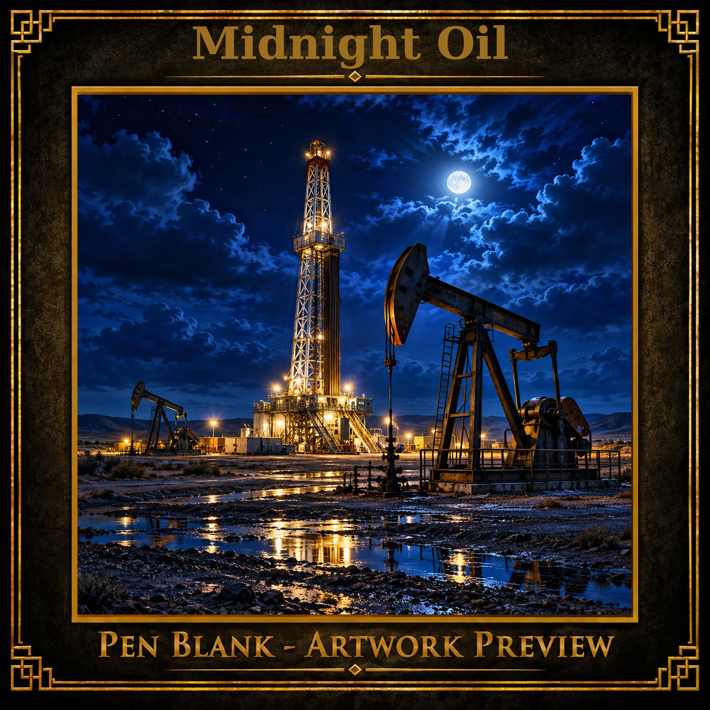 Midnight Oil | Oilfield Pen Blank | Moonlit Derrick and Pumpjacks | Alumilite Resin