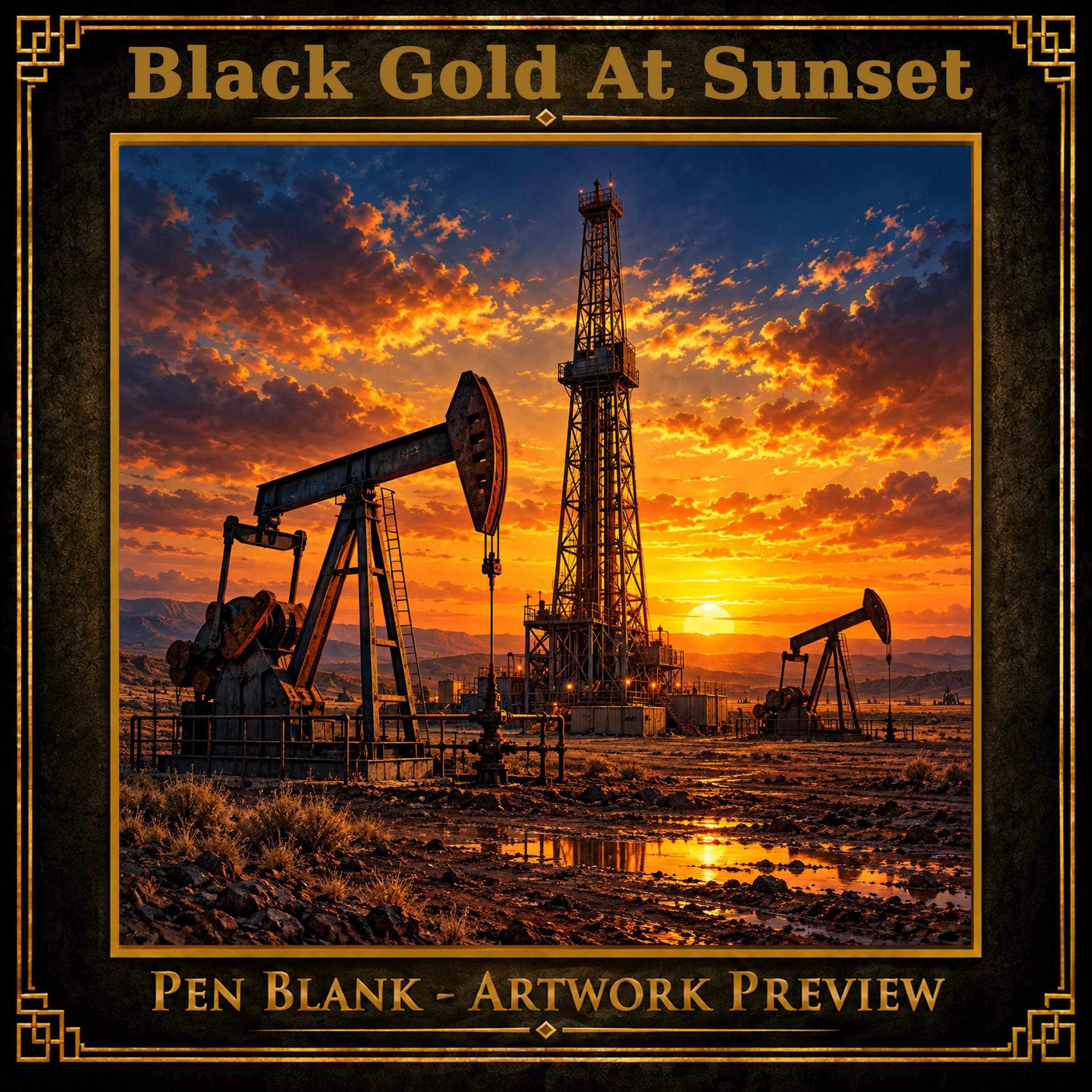 Black Gold at Sunset | Oil Field Pen Blank | Derrick & Pumpjacks | Alumilite Resin